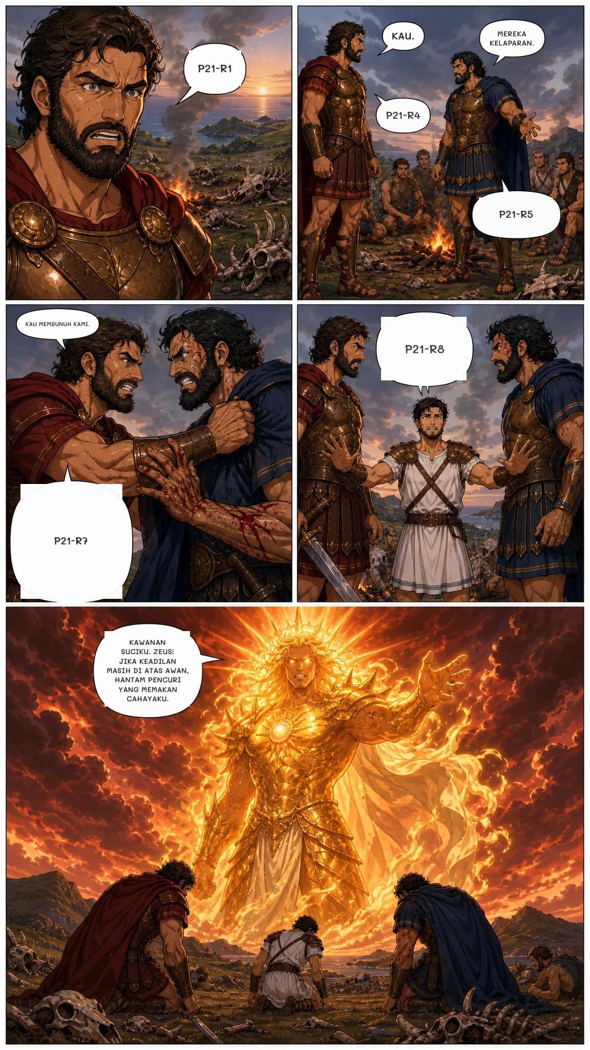 p21-r1
KAU.
MEREKA KELAPARAN.
p21-r4
p21-r5
KAU MEMBUNUH KAMI.
p21-r7
p21-r8
KAWANAN SUCIKU. ZEUS! JIKA KEADILAN MASIH DI ATAS AWAN, HANTAM PENCURI YANG MEMAKAN CAHAYAKU.