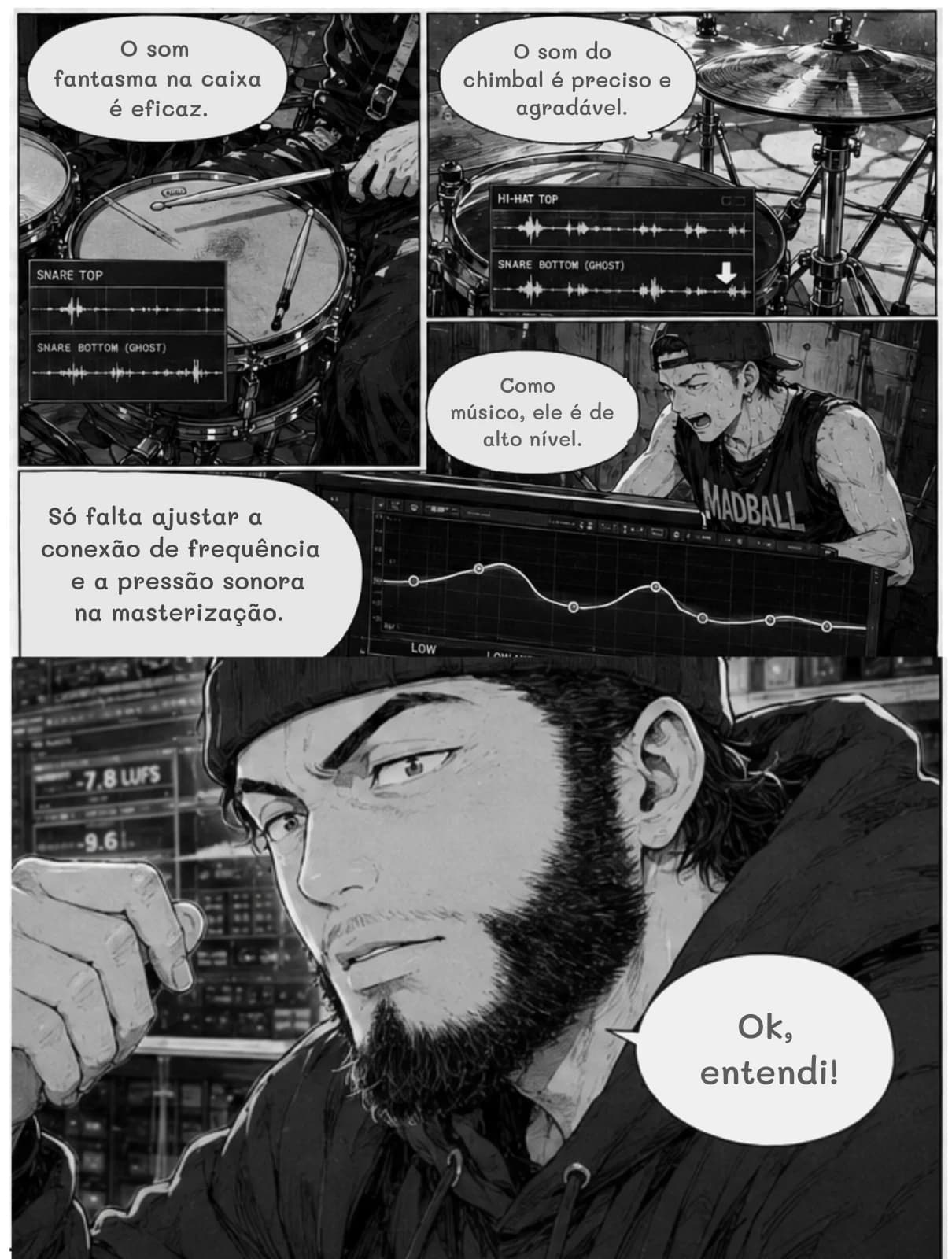 O som fantasma na caixa é eficaz.
O som do chimbal é preciso e agradável.
Como músico, ele é de alto nível.
Só falta ajustar a conexão de frequência e a pressão sonora na masterização.
Ok, entendi!