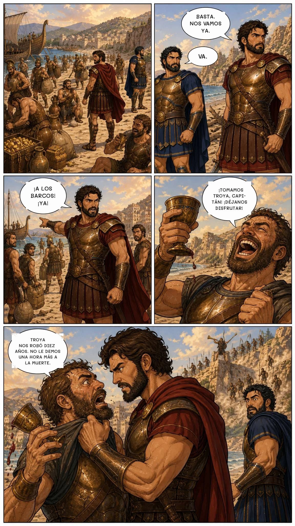 BASTA. NOS VAMOS YA.
VA.
¡A LOS BARCOS! ¡YA!
¡TOMAMOS TROYA, CAPITÁN! ¡DÉJANOS DISFRUTAR!
TROYA NOS ROBÓ DIEZ AÑOS. NO LE DEMOS UNA HORA MÁS A LA MUERTE.