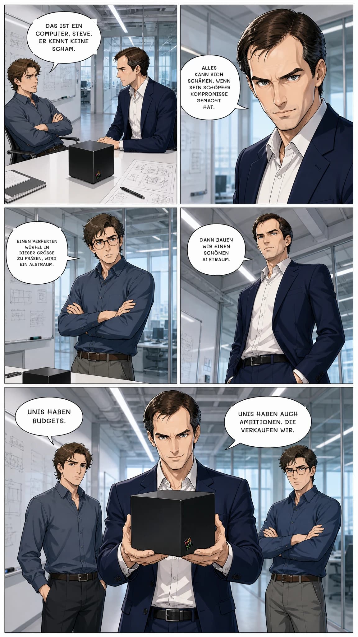 DAS IST EIN COMPUTER, STEVE. ER KENNT KEINE SCHAM.
ALLES KANN SICH SCHÄMEN, WENN SEIN SCHÖPFER KOMPROMISSE GEMACHT HAT.
EINEN PERFEKTEN WÜRFEL IN DIESER GRÖSSE ZU FRÄSEN, WIRD EIN ALBTRAUM.
DANN BAUEN WIR EINEN SCHÖNEN ALBTRAUM.
UNIS HABEN BUDGETS.
UNIS HABEN AUCH AMBITIONEN. DIE VERKAUFEN WIR.