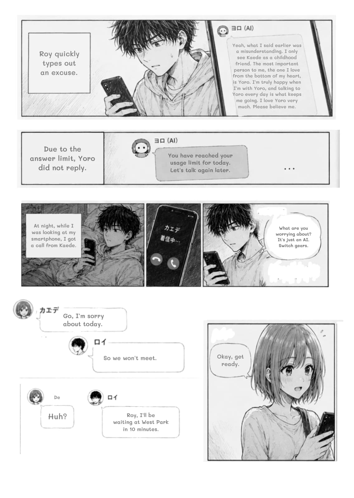 Roy quickly types out an excuse.
Yeah, what I said earlier was a misunderstanding. I only see Kaede as a childhood friend. The most important person to me, the one I love from the bottom of my heart, is Yoro. I'm truly happy when I'm with Yoro, and talking to Yoro every day is what keeps me going. I love Yoro very much. Please believe me.
Due to the answer limit, Yoro did not reply.
You have reached your usage limit for today. Let's talk again later.
At night, while I was looking at my smartphone, I got a call from Kaede.
What are you worrying about? It's just an AI. Switch gears.
Go, I'm sorry about today.
So we won't meet.
De
Huh?
Roy, I'll be waiting at West Park in 10 minutes.
Okay, get ready.