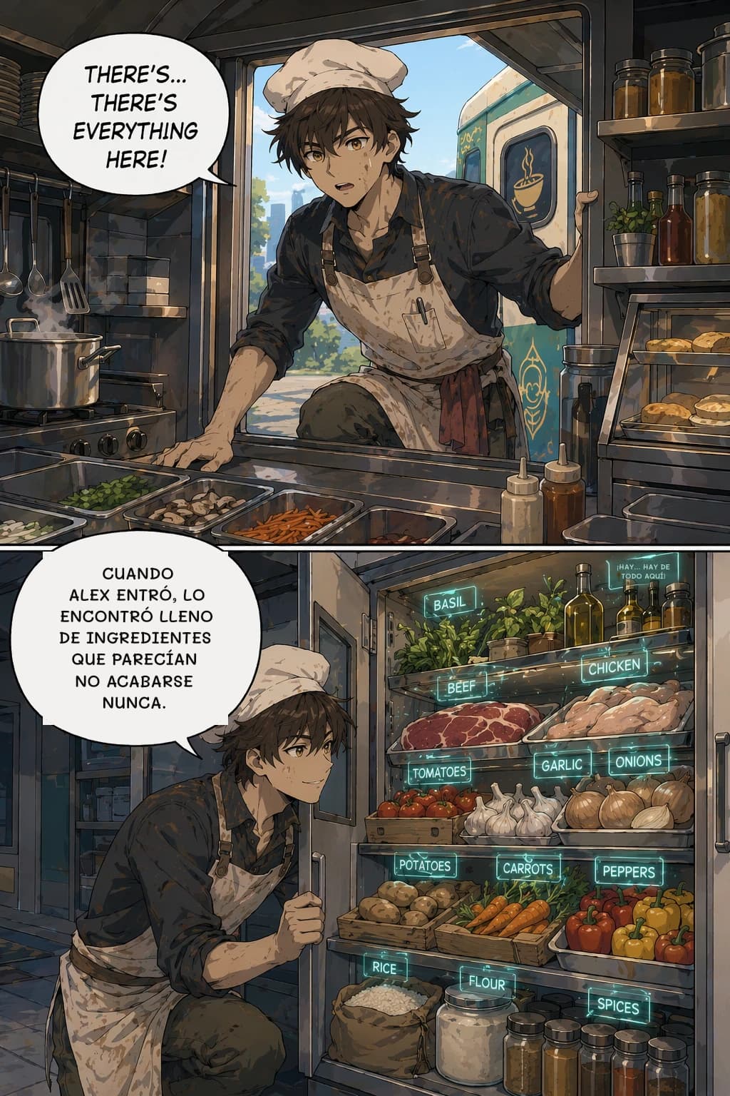 CUANDO ALEX ENTRÓ, LO ENCONTRÓ LLENO DE INGREDIENTES QUE PARECÍAN NO ACABARSE NUNCA.
¡HAY... HAY DE TODO AQUÍ!