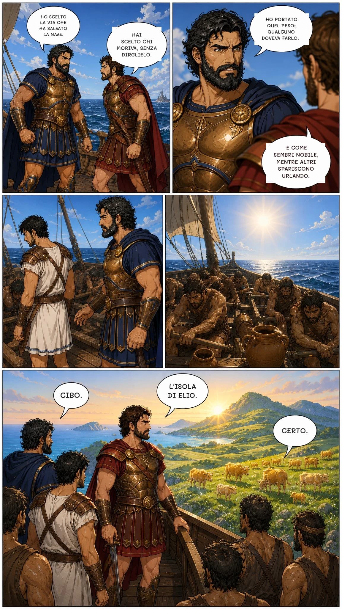 HO SCELTO LA VIA CHE HA SALVATO LA NAVE.
HAI SCELTO CHI MORIVA, SENZA DIRGLIELO.
HO PORTATO QUEL PESO; QUALCUNO DOVEVA FARLO.
E COME SEMBRI NOBILE, MENTRE ALTRI SPARISCONO URLANDO.
CIBO.
L’ISOLA DI ELIO.
CERTO.
