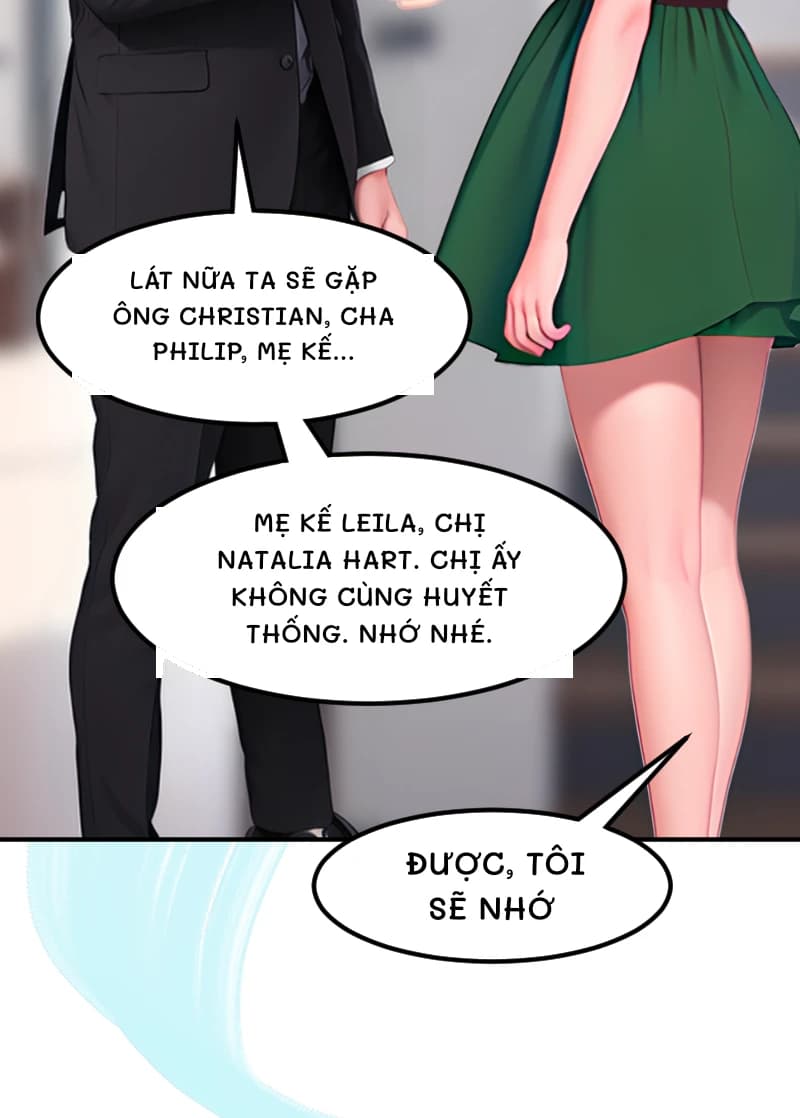Lát nữa ta sẽ gặp ông Christian, cha Philip, mẹ kế...
Mẹ kế Leila, chị Natalia Hart. Chị ấy không cùng huyết thống. Nhớ nhé.
ĐƯỢC, TÔI SẼ NHỚ
