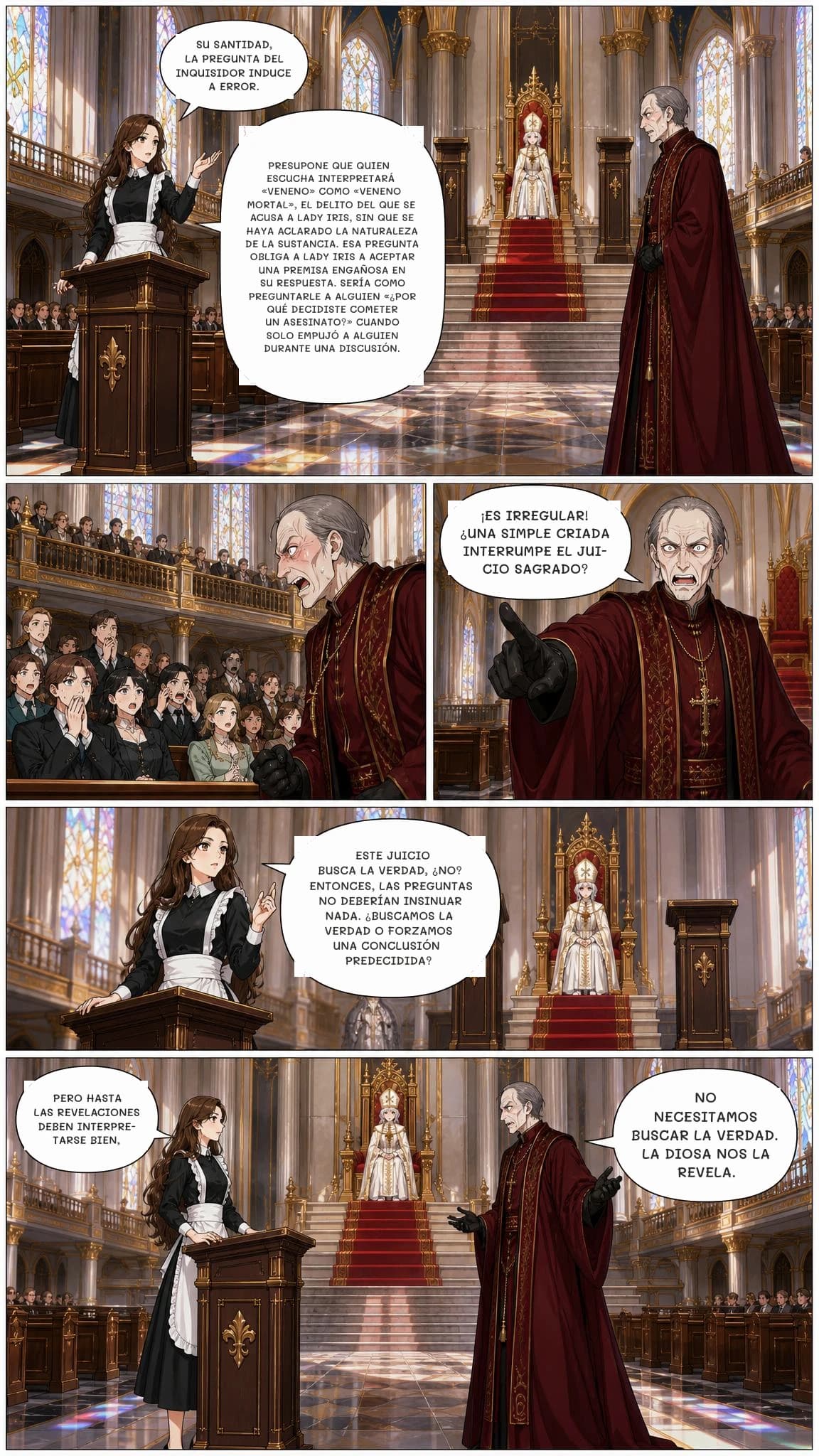 SU SANTIDAD, LA PREGUNTA DEL INQUISIDOR INDUCE A ERROR.
PRESUPONE QUE QUIEN ESCUCHA INTERPRETARÁ «VENENO» COMO «VENENO MORTAL», EL DELITO DEL QUE SE ACUSA A LADY IRIS, SIN QUE SE HAYA ACLARADO LA NATURALEZA DE LA SUSTANCIA. ESA PREGUNTA OBLIGA A LADY IRIS A ACEPTAR UNA PREMISA ENGAÑOSA EN SU RESPUESTA. SERÍA COMO PREGUNTARLE A ALGUIEN «¿POR QUÉ DECIDISTE COMETER UN ASESINATO?» CUANDO SOLO EMPUJÓ A ALGUIEN DURANTE UNA DISCUSIÓN.
¡ES IRREGULAR! ¿UNA SIMPLE CRIADA INTERRUMPE EL JUICIO SAGRADO?
ESTE JUICIO BUSCA LA VERDAD, ¿NO? ENTONCES, LAS PREGUNTAS NO DEBERÍAN INSINUAR NADA. ¿BUSCAMOS LA VERDAD O FORZAMOS UNA CONCLUSIÓN PREDECIDIDA?
PERO HASTA LAS REVELACIONES DEBEN INTERPRETARSE BIEN,
NO NECESITAMOS BUSCAR LA VERDAD. LA DIOSA NOS LA REVELA.