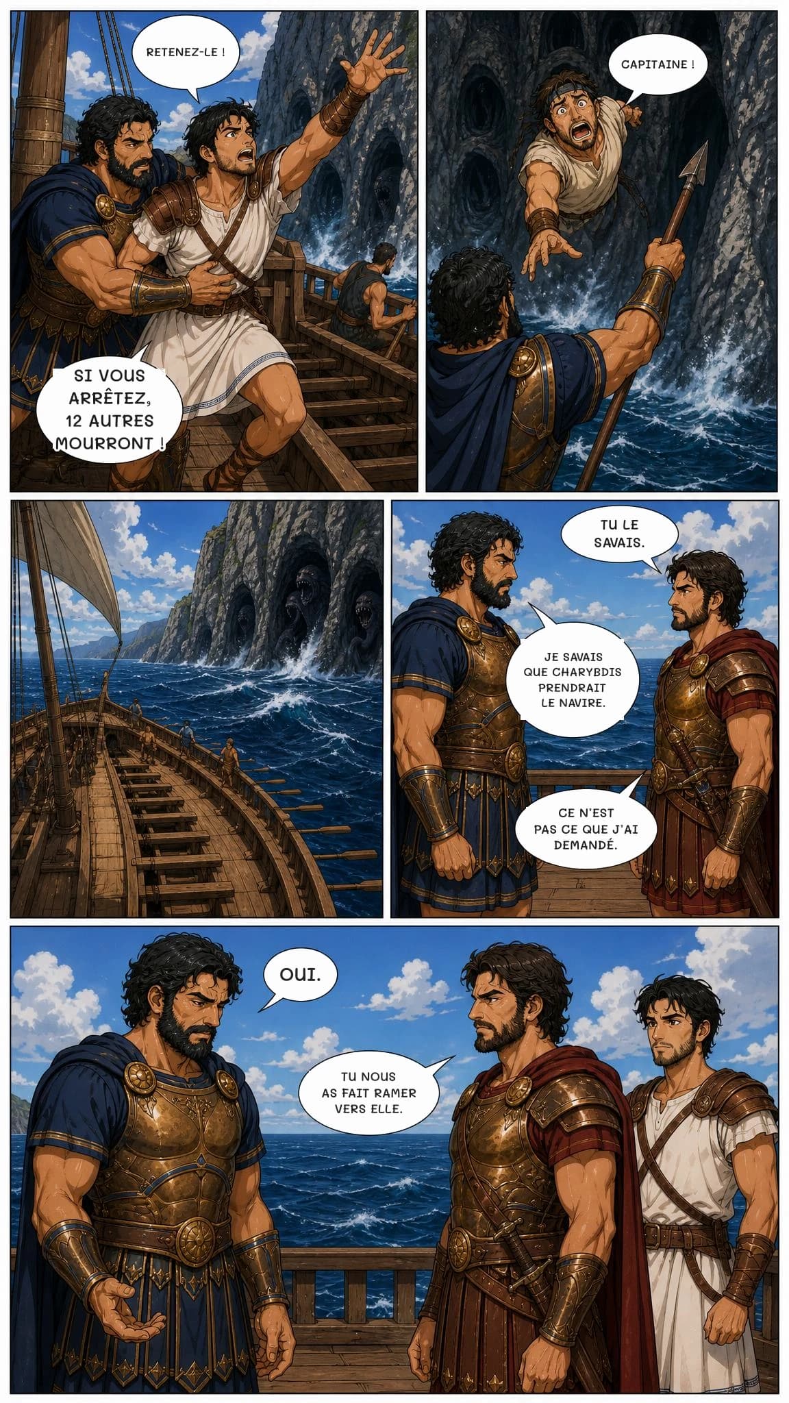 RETENEZ-LE !
SI VOUS ARRÊTEZ, 12 AUTRES MOURRONT !
CAPITAINE !
TU LE SAVAIS.
JE SAVAIS QUE CHARYBDIS PRENDRAIT LE NAVIRE.
CE N’EST PAS CE QUE J’AI DEMANDÉ.
OUI.
TU NOUS AS FAIT RAMEr VERS ELLE.