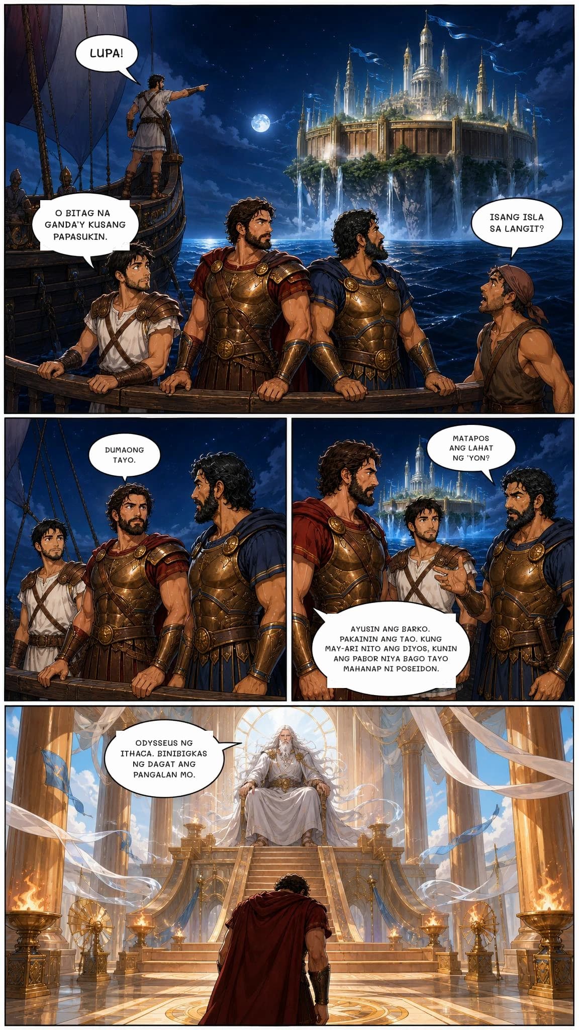 LUPA!
O BITAG NA GANDA’Y KUSANG PAPASUKIN.
ISANG ISLA SA LANGIT?
DUMAONG TAYO.
MATAPOS ANG LAHAT NG ’YON?
AYUSIN ANG BARKO. PAKAININ ANG TAO. KUNG MAY-ARI NITO ANG DIYOS, KUNIN ANG PABOR NIYA BAGO TAYO MAHANAP NI POSEIDON.
ODYSSEUS NG ITHACA. BINIBIGKAS NG DAGAT ANG PANGALAN MO.