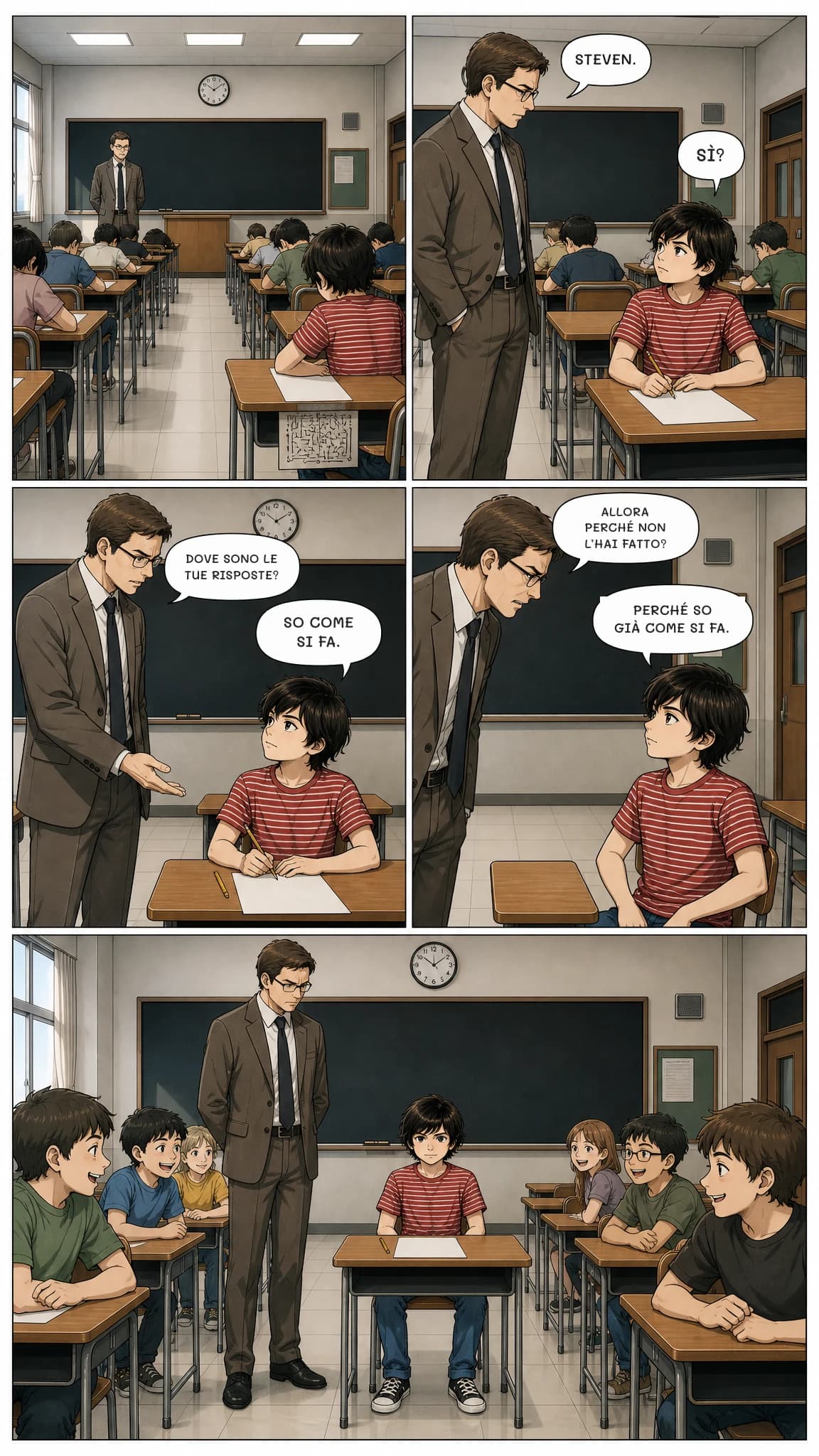 STEVEN.
SÌ?
DOVE SONO LE TUE RISPOSTE?
SO COME SI FA.
ALLORA PERCHÉ NON L’HAI FATTO?
PERCHÉ SO GIÀ COME SI FA.