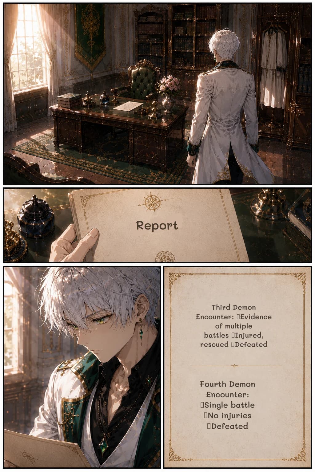 Report
Third Demon Encounter: ・Evidence of multiple battles ・Injured, rescued ・Defeated
Fourth Demon Encounter: ・Single battle ・No injuries ・Defeated