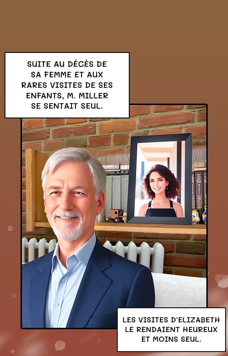 Suite au décès de sa femme et aux rares visites de ses enfants, M. Miller se sentait seul.
Les visites d'Elizabeth le rendaient heureux et moins seul.