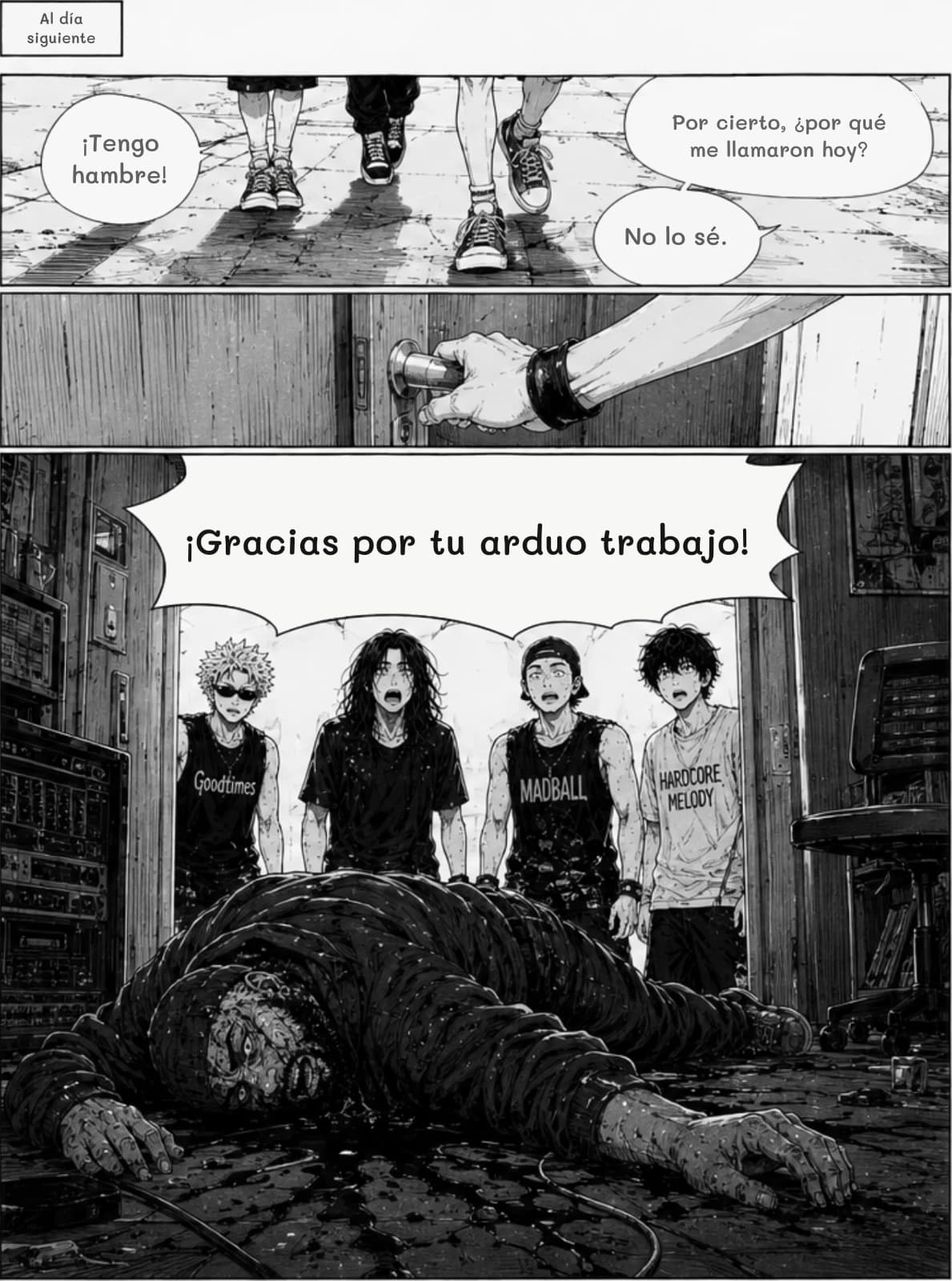 Al día siguiente
¡Tengo hambre!
Por cierto, ¿por qué me llamaron hoy?
No lo sé.
¡Gracias por tu arduo trabajo!
