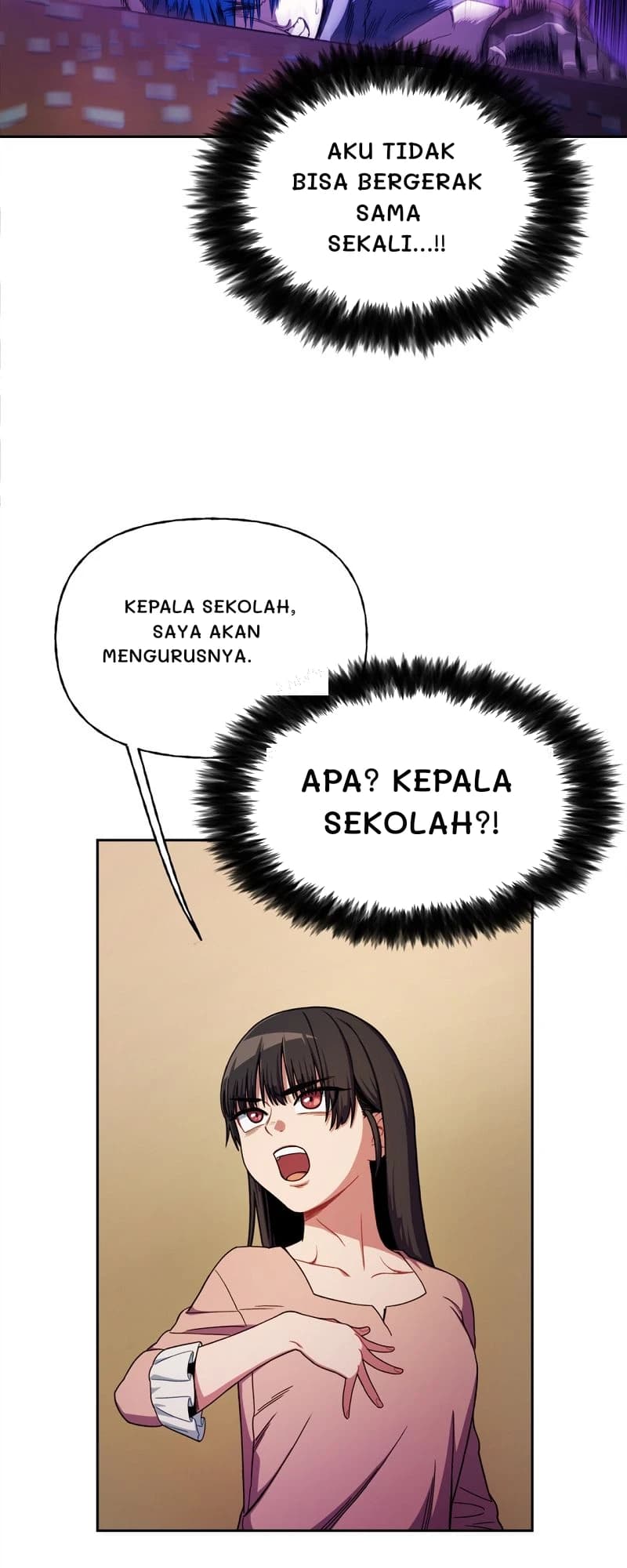 Aku tidak bisa bergerak sama sekali...!!
Kepala Sekolah, saya akan mengurusnya.
Apa? Kepala Sekolah?!