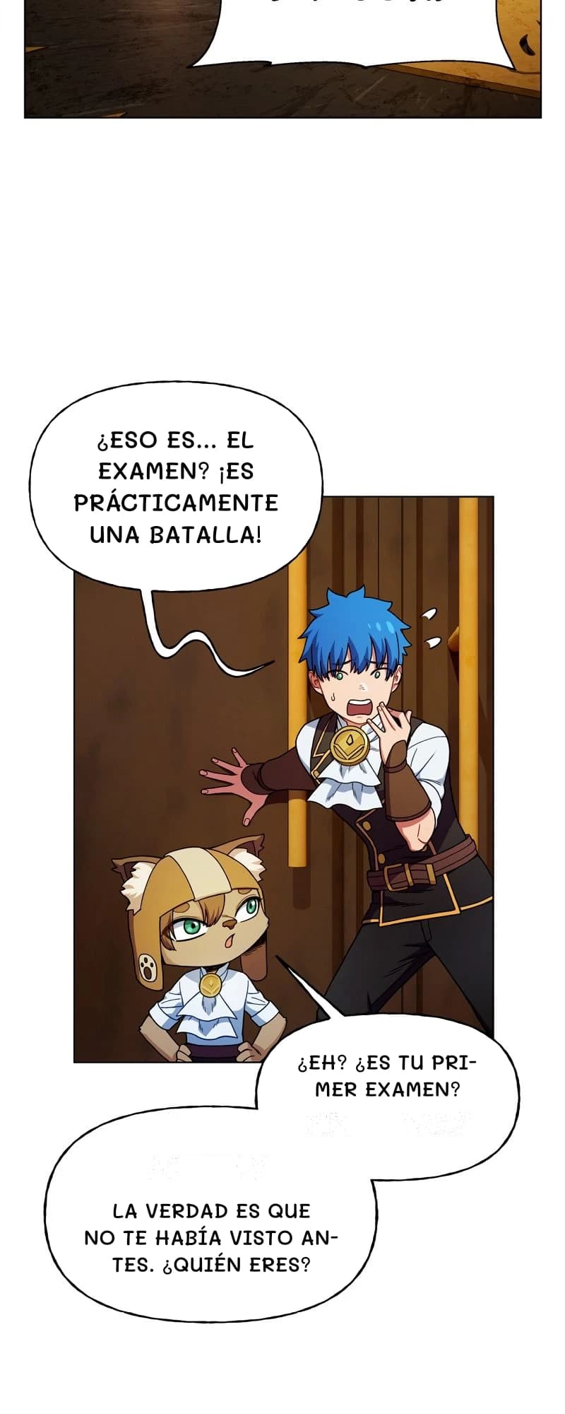 ¿Eso es... el examen? ¡Es prácticamente una batalla!
¿Eh? ¿Es tu primer examen?
La verdad es que no te había visto antes. ¿Quién eres?