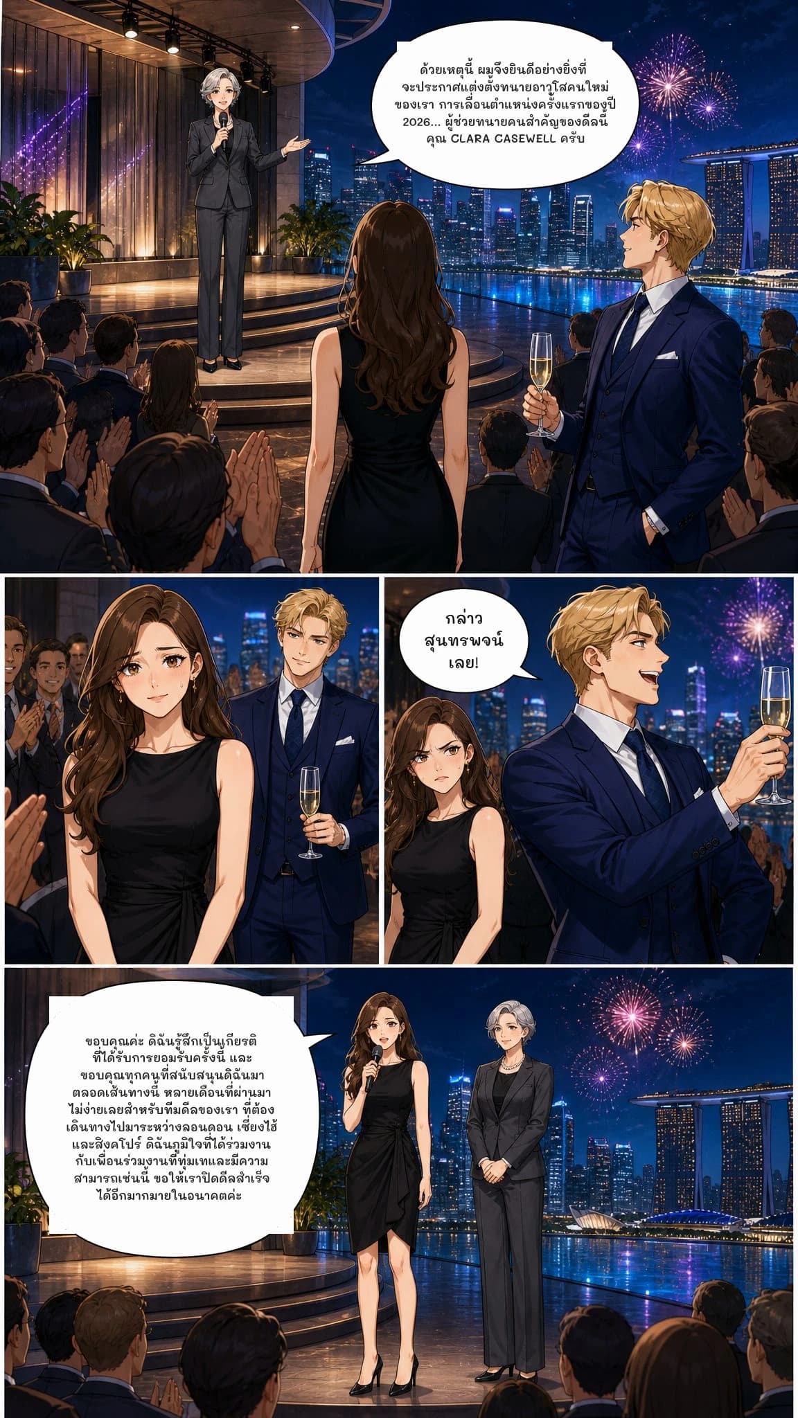 ด้วยเหตุนี้ ผมจึงยินดีอย่างยิ่งที่จะประกาศแต่งตั้งทนายอาวุโสคนใหม่ของเรา การเลื่อนตำแหน่งครั้งแรกของปี 2026... ผู้ช่วยทนายคนสำคัญของดีลนี้ คุณ CLARA CASEWELL ครับ
กล่าวสุนทรพจน์เลย!
ขอบคุณค่ะ ดิฉันรู้สึกเป็นเกียรติที่ได้รับการยอมรับครั้งนี้ และขอบคุณทุกคนที่สนับสนุนดิฉันมาตลอดเส้นทางนี้ หลายเดือนที่ผ่านมาไม่ง่ายเลยสำหรับทีมดีลของเรา ที่ต้องเดินทางไปมาระหว่างลอนดอน เซี่ยงไฮ้ และสิงคโปร์ ดิฉันภูมิใจที่ได้ร่วมงานกับเพื่อนร่วมงานที่ทุ่มเทและมีความสามารถเช่นนี้ ขอให้เราปิดดีลสำเร็จได้อีกมากมายในอนาคตค่ะ