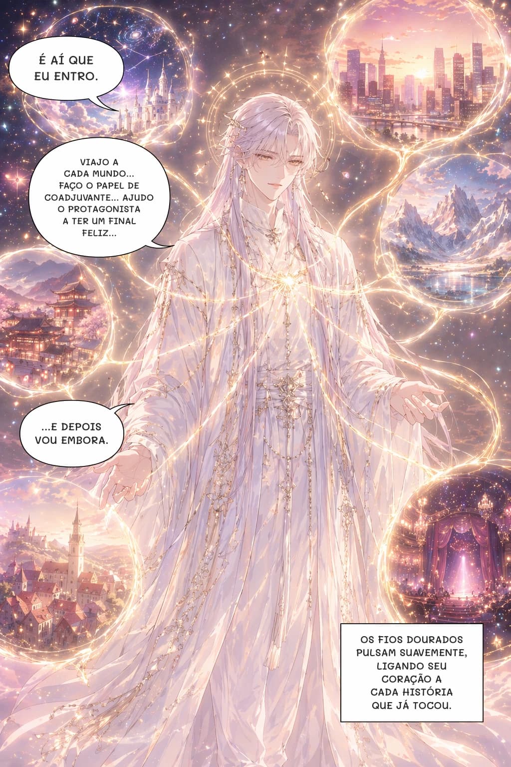 É AÍ QUE EU ENTRO.
VIAJO A CADA MUNDO... FAÇO O PAPEL DE COADJUVANTE... AJUDO O PROTAGONISTA A TER UM FINAL FELIZ...
...E DEPOIS VOU EMBORA.
OS FIOS DOURADOS PULSAM SUAVEMENTE, LIGANDO SEU CORAÇÃO A CADA HISTÓRIA QUE JÁ TOCOU.