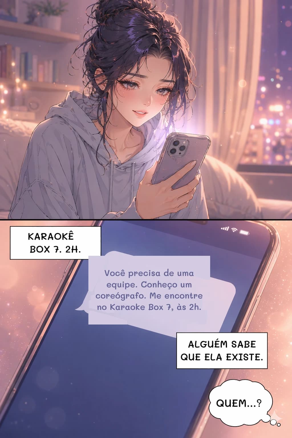 KARAOKÊ BOX 7. 2H.
Você precisa de uma equipe. Conheço um coreógrafo. Me encontre no Karaoke Box 7, às 2h.
ALGUÉM SABE QUE ELA EXISTE.
QUEM...?