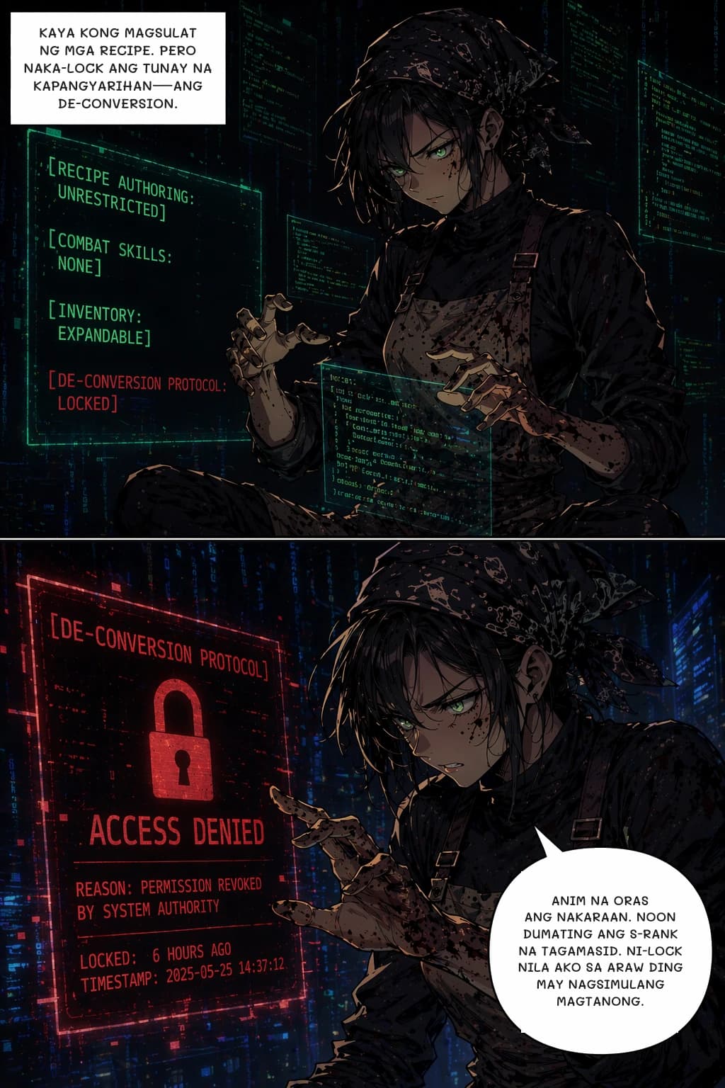 KAYA KONG MAGSULAT NG MGA RECIPE. PERO NAKA-LOCK ANG TUNAY NA KAPANGYARIHAN—ANG DE-CONVERSION.
ANIM NA ORAS ANG NAKARAAN. NOON DUMATING ANG S-RANK NA TAGAMASID. NI-LOCK NILA AKO SA ARAW ding MAY NAGSIMULANG MAGTANONG.