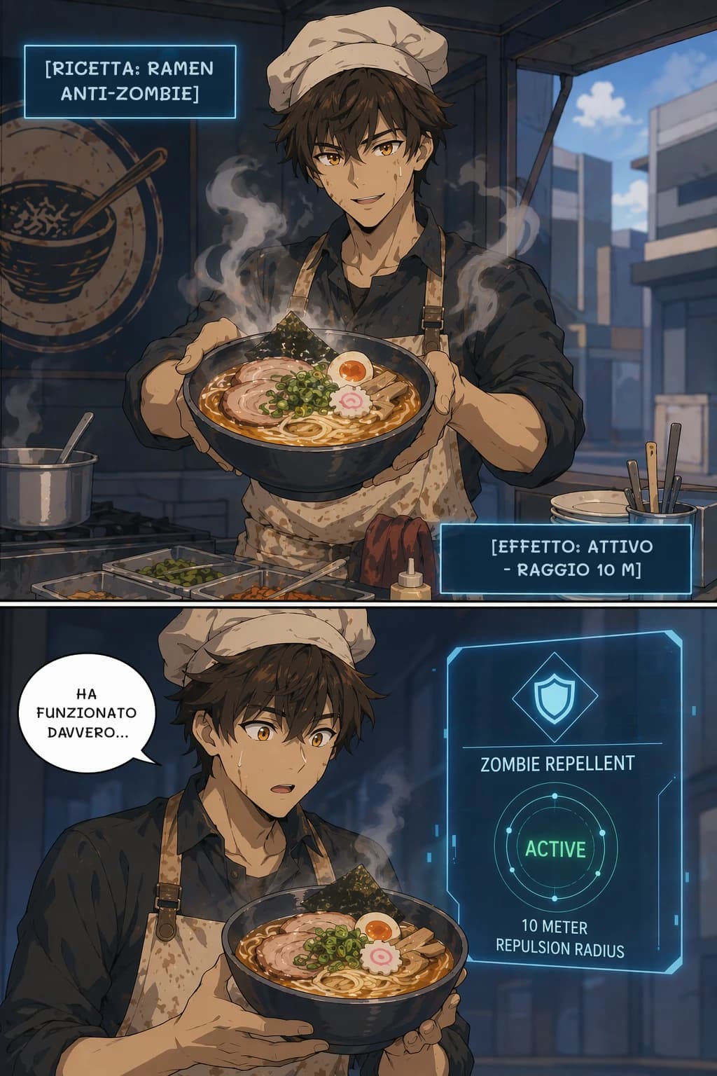 [RICETTA: RAMEN ANTI-ZOMBIE]
[EFFETTO: ATTIVO - RAGGIO 10 M]
HA FUNZIONATO DAVVERO...
