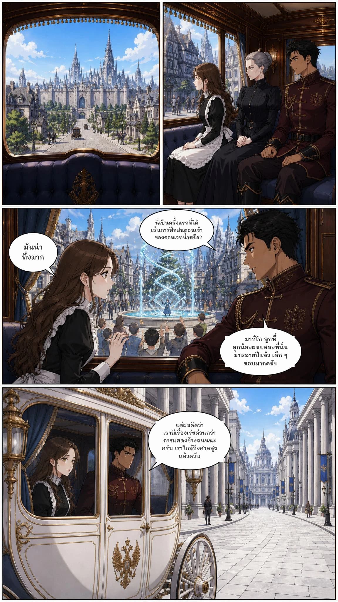 นี่เป็นครั้งแรกที่ได้เห็นการฝึกฝนตอนเช้าของจอมเวทน้ำหรือ?
มันน่าทึ่งมาก
มาร์โก ลูกพี่ลูกน้องผมแสดงที่นั่นมาหลายปีแล้ว เด็ก ๆ ชอบมากครับ
แต่ผมคิดว่าเรามีเรื่องเร่งด่วนกว่าการแสดงข้างถนนนะครับ เราใกล้ถึงศาลสูงแล้วครับ