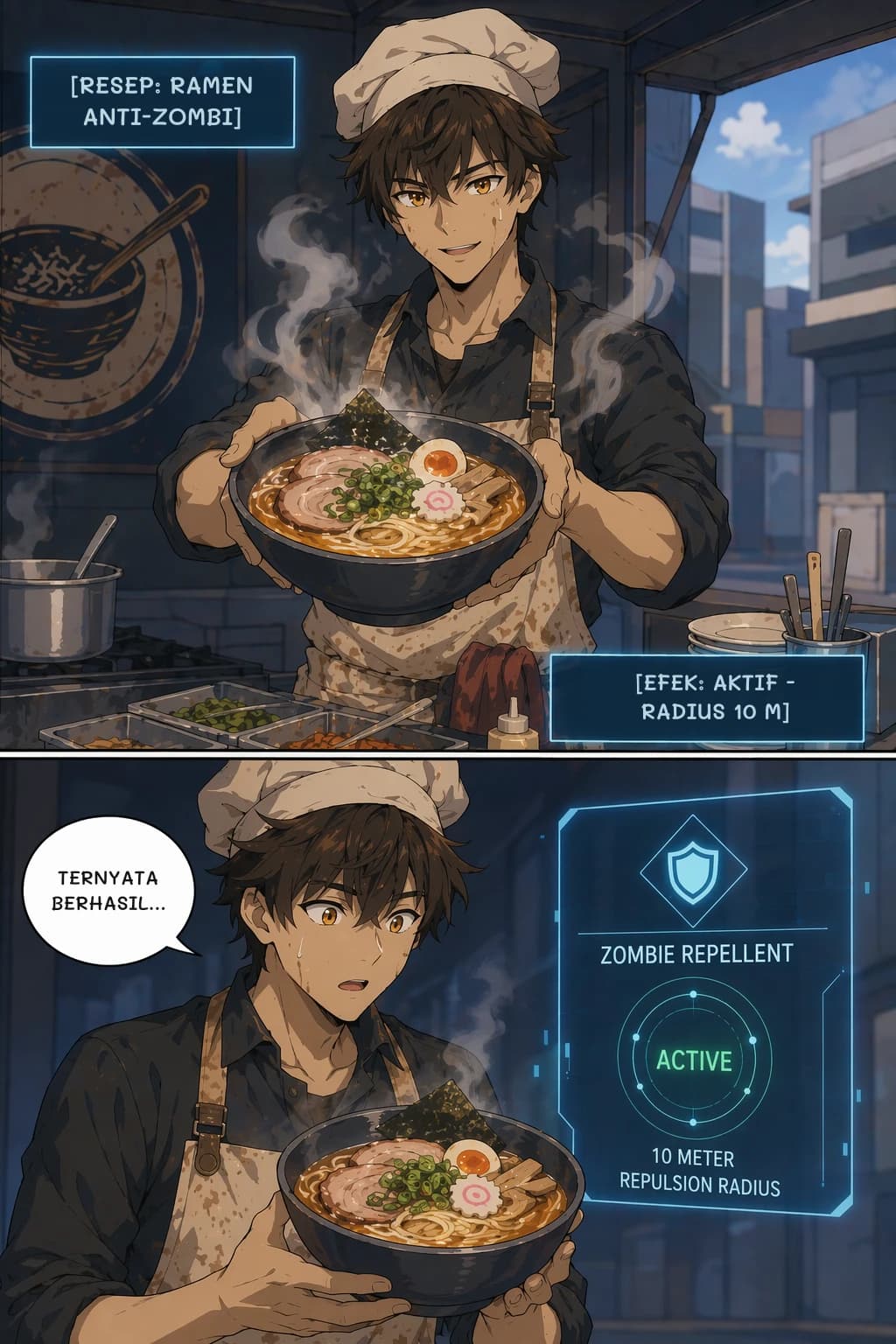 [RESEP: RAMEN ANTI-ZOMBI]
[EFEK: AKTIF - RADIUS 10 M]
TERNYATA BERHASIL...