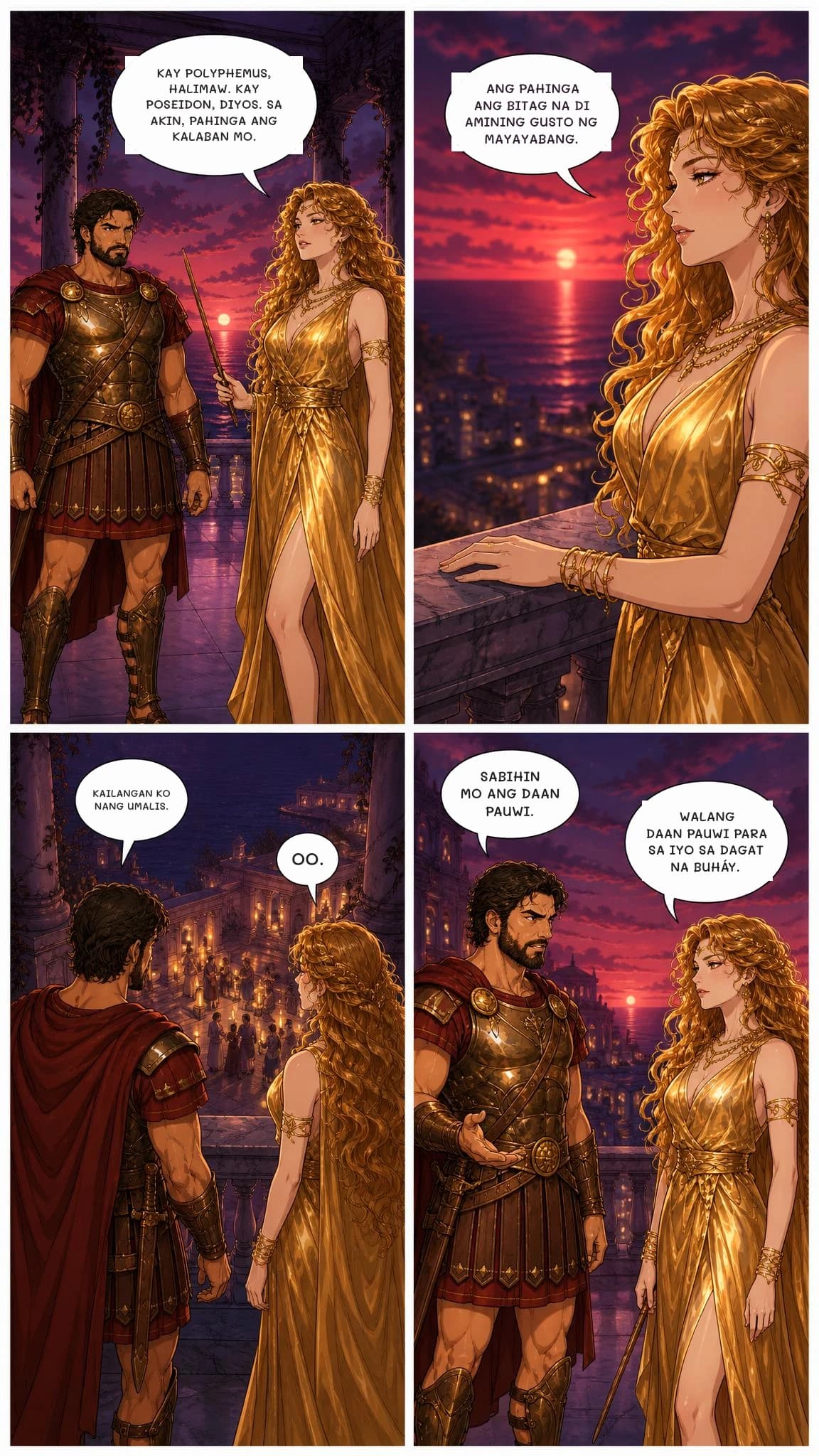 KAY POLYPHEMUS, HALIMAW. KAY POSEIDON, DIYOS. SA AKIN, PAHINGA ANG KALABAN MO.
ANG PAHINGA ANG BITAG NA DI AMINING GUSTO NG MAYAYABANG.
KAILANGAN KO NANG UMALIS.
OO.
SABIHIN MO ANG DAAN PAUWI.
WALANG DAAN PAUWI PARA SA IYO SA DAGAT NA BUHÁY.