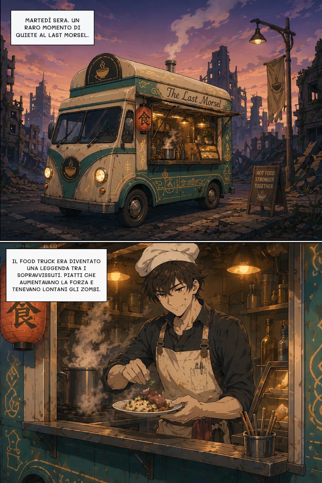 MARTEDÌ SERA. UN RARO MOMENTO DI QUIETE AL LAST MORSEL.
IL FOOD TRUCK ERA DIVENTATO UNA LEGGENDA TRA I SOPRAVVISSUTI. PIATTI CHE AUMENTAVANO LA FORZA E TENEVANO LONTANI GLI ZOMBI.