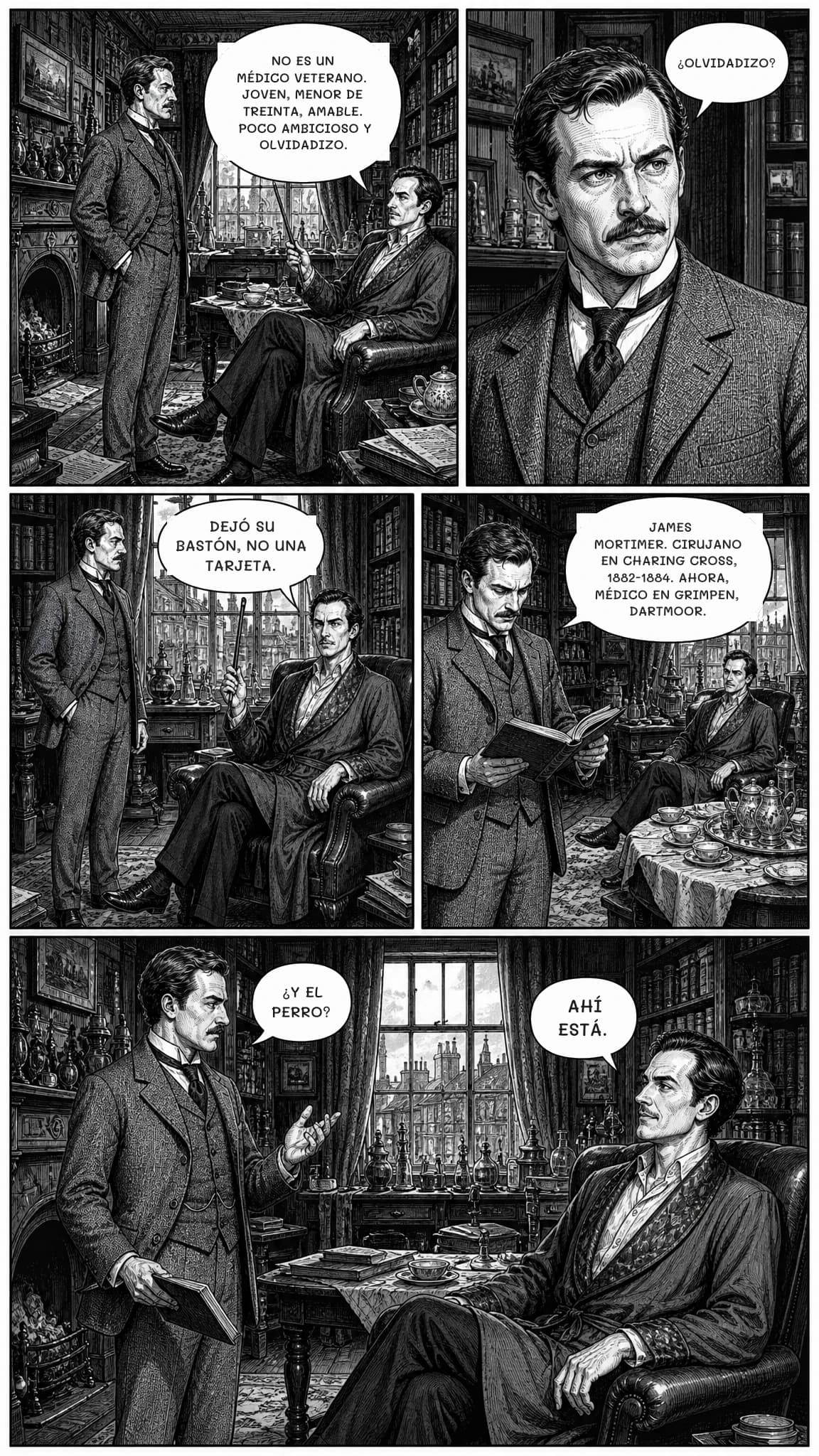 No es un médico veterano. Joven, menor de treinta, amable. Poco ambicioso y olvidadizo.
¿OLVIDADIZO?
DEJÓ SU BASTÓN, NO UNA TARJETA.
JAMES MORTIMER. CIRUJANO EN CHARING CROSS, 1882-1884. AHORA, MÉDICO EN GRIMPEN, DARTMOOR.
¿Y EL PERRO?
AHÍ ESTÁ.