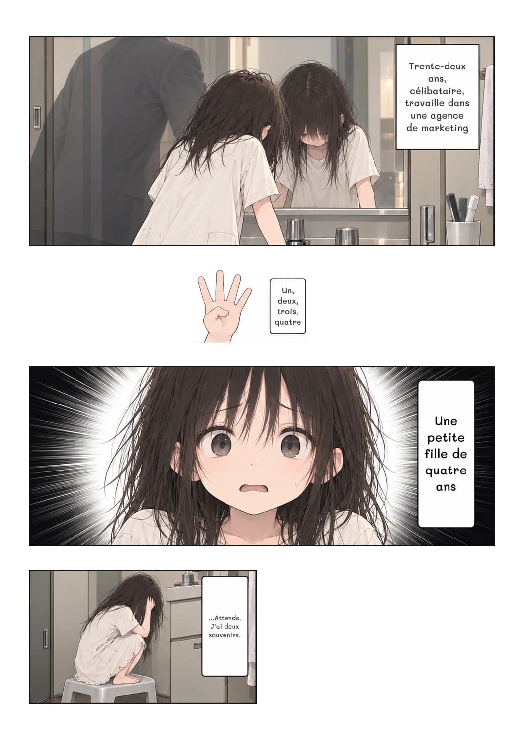 Trente-deux ans, célibataire, travaille dans une agence de marketing
Un, deux, trois, quatre
Une petite fille de quatre ans
...Attends. J'ai deux souvenirs.