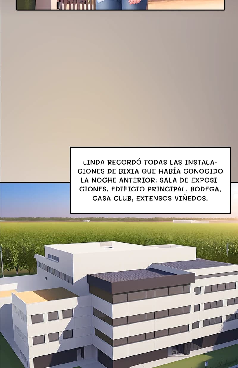 Linda recordó todas las instalaciones de Bixia que había conocido la noche anterior: sala de exposiciones, edificio principal, bodega, casa club, extensos viñedos.