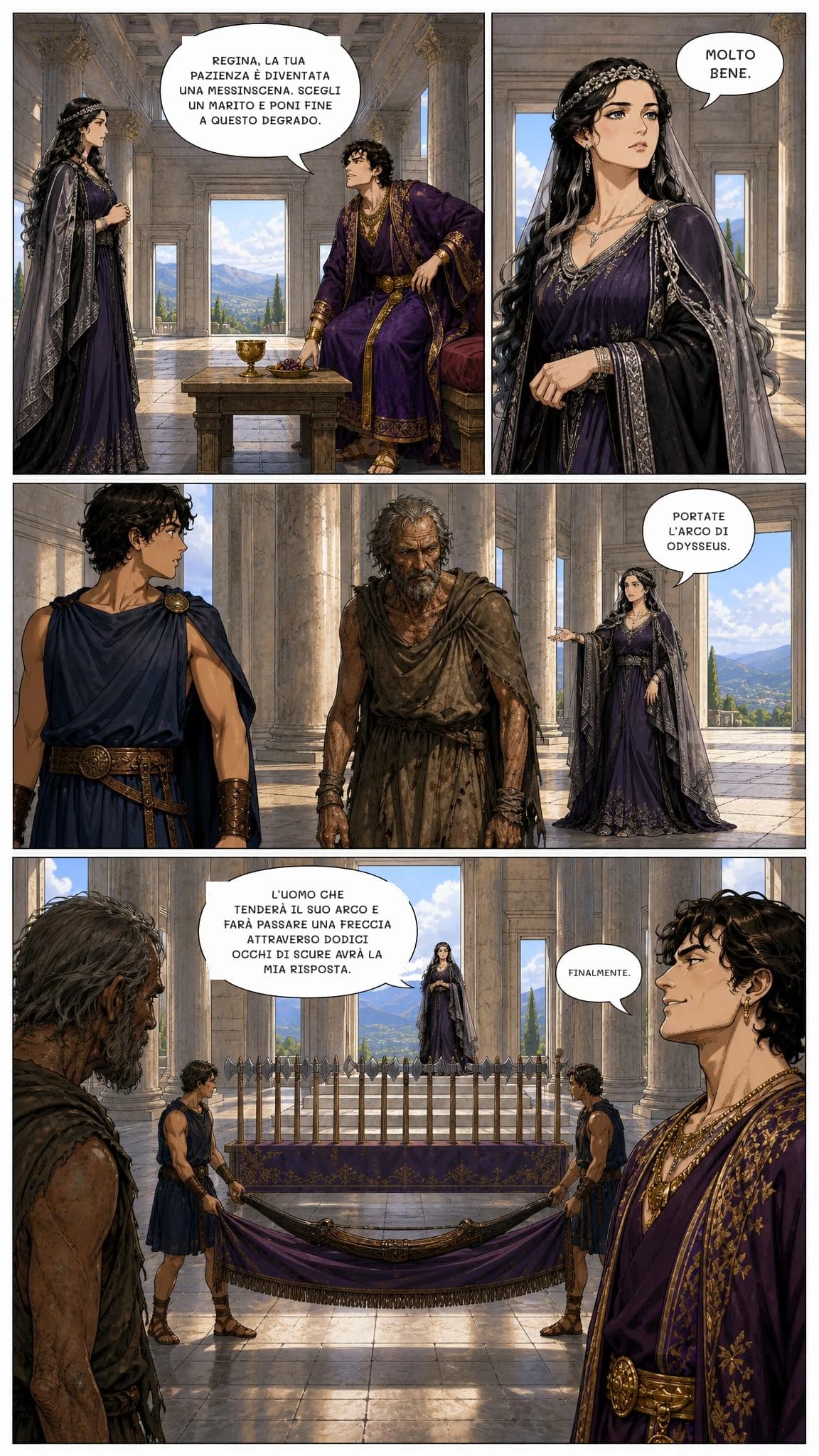 REGINA, LA TUA PAZIENZA È DIVENTATA UNA MESSINSCENA. SCEGLI UN MARITO E PONI FINE A QUESTO DEGRADO.
MOLTO BENE.
PORTATE L’ARCO DI ODYSSEUS.
L’UOMO CHE TENDERÀ IL SUO ARCO E FARÀ PASSARE UNA FRECCIA ATTRAVERSO DODICI OCCHI DI SCURE AVRÀ LA MIA RISPOSTA.
FINALMENTE.
