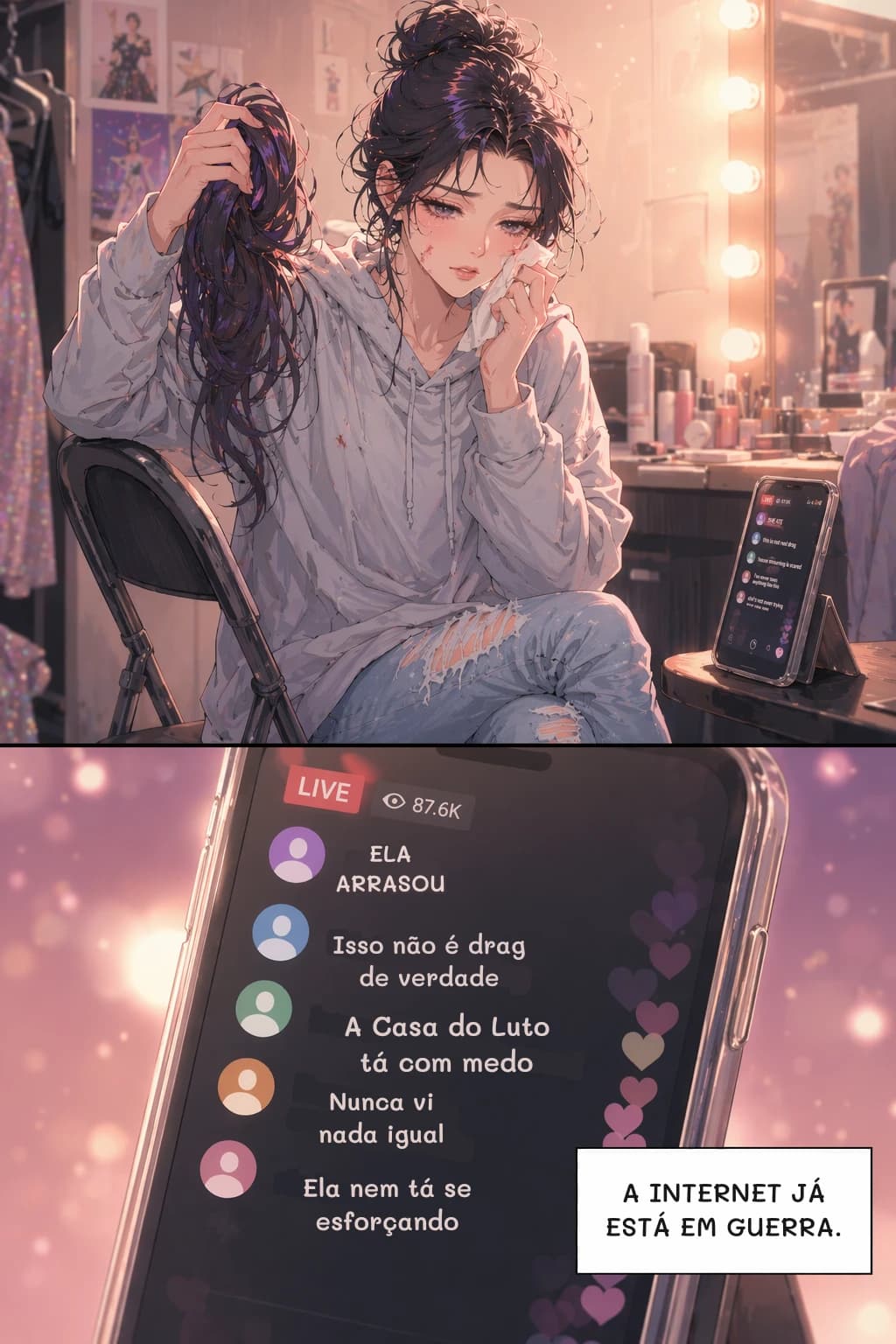 ELA ARRASOU
Isso não é drag de verdade
A Casa do Luto tá com medo
Nunca vi nada igual
Ela nem tá se esforçando
A INTERNET JÁ ESTÁ EM GUERRA.