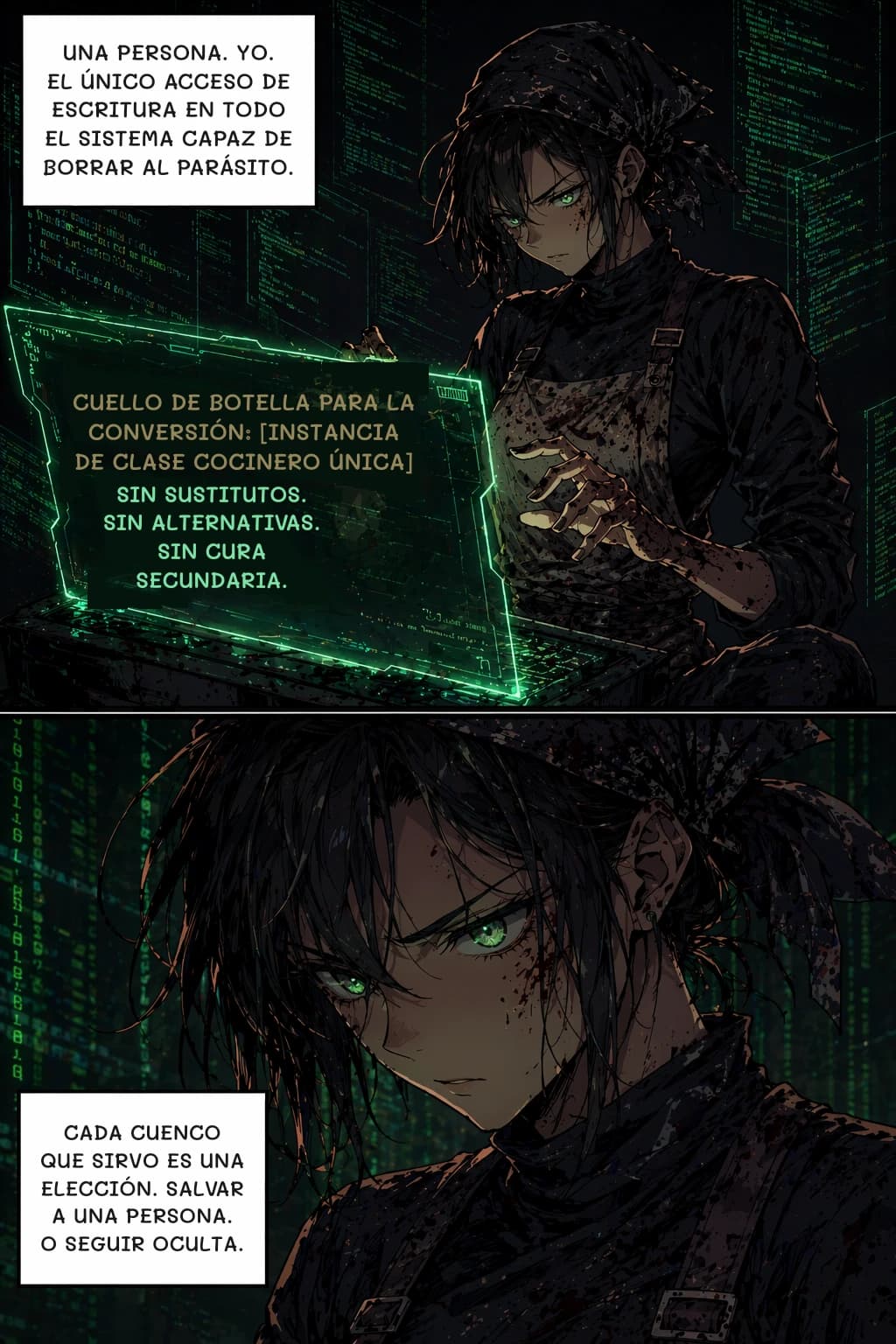 UNA PERSONA. YO. EL ÚNICO ACCESO DE ESCRITURA EN TODO EL SISTEMA CAPAZ DE BORRAR AL PARÁSITO.
CUELLO DE BOTELLA PARA LA CONVERSIÓN: [INSTANCIA DE CLASE COCINERO ÚNICA]
SIN SUSTITUTOS. SIN ALTERNATIVAS. SIN CURA SECUNDARIA.
CADA CUENCO QUE SIRVO ES UNA ELECCIÓN. SALVAR A UNA PERSONA. O SEGUIR OCULTA.