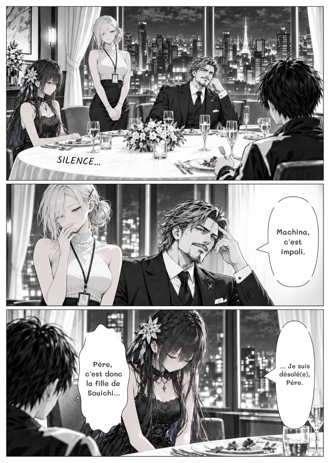 Machina, c'est impoli.
… Je suis désolé(e), Père.
Père, c'est donc la fille de Souichi…