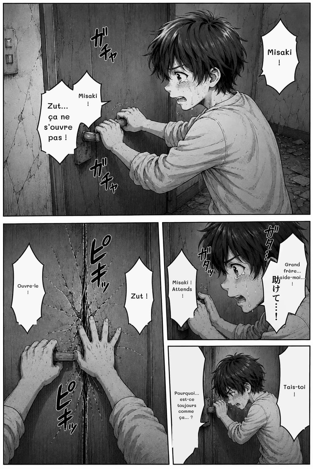 Misaki !
Misaki !
Zut… ça ne s’ouvre pas !
Ouvre-le !
Zut !
Grand frère… aide-moi… !
Misaki ! Attends !
Tais-toi !
Pourquoi… est-ce toujours comme ça… ?