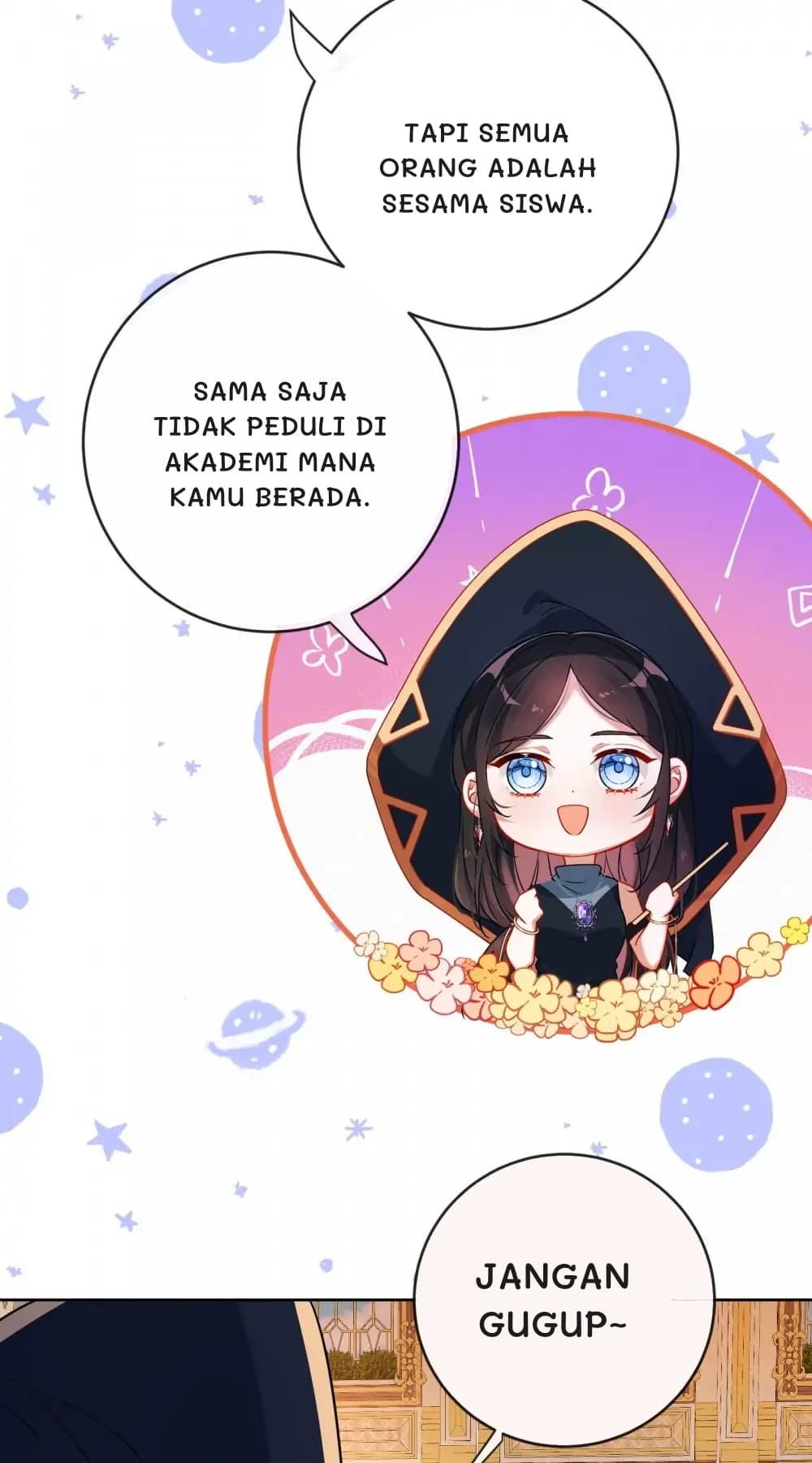 Tapi semua orang adalah sesama siswa.
Sama saja tidak peduli di akademi mana kamu berada.
Jangan gugup~