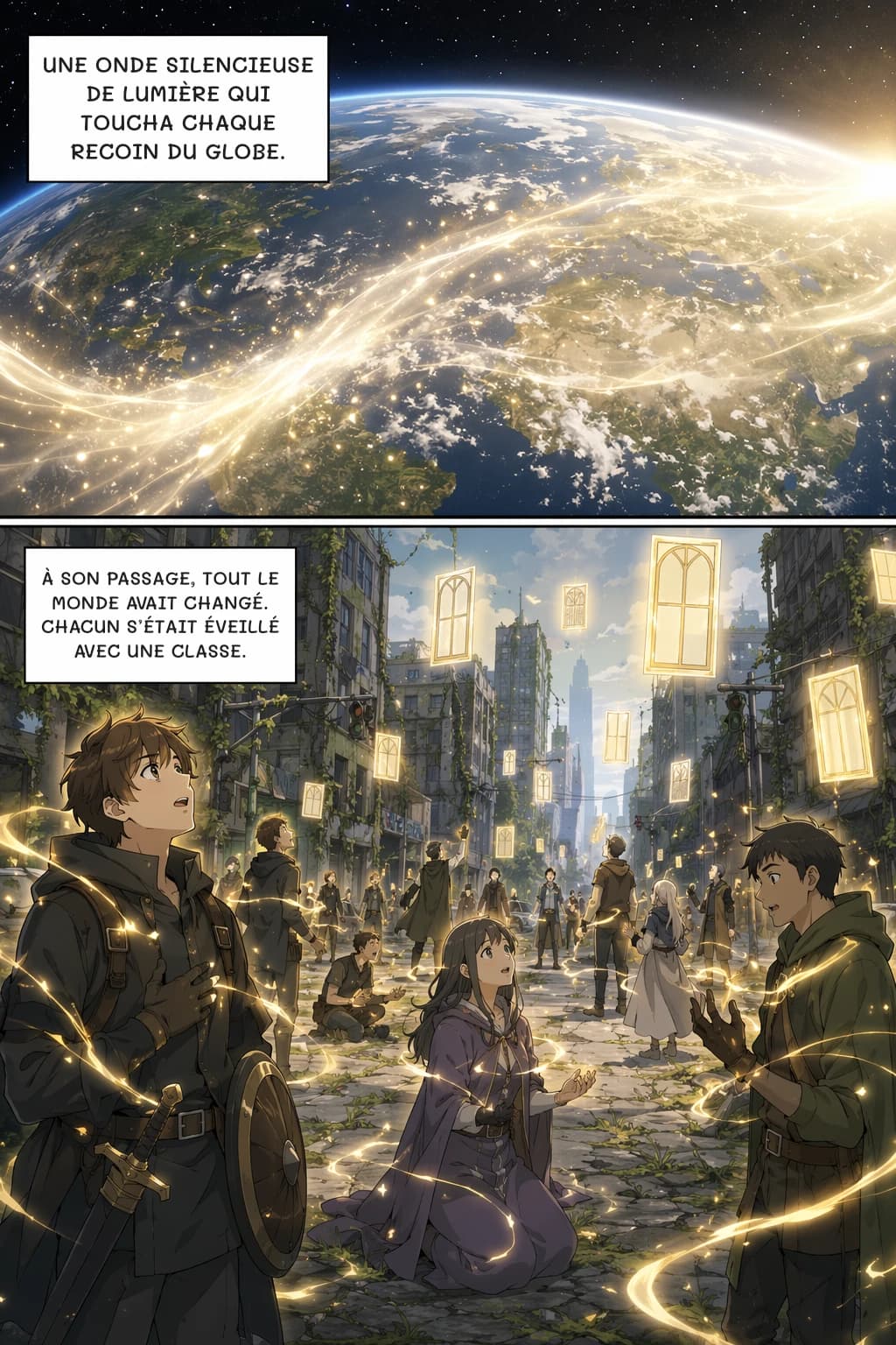 UNE ONDE SILENCIEUSE DE LUMIÈRE QUI TOUCHA CHAQUE RECOIN DU GLOBE.
À SON PASSAGE, TOUT LE MONDE AVAIT CHANGÉ. CHACUN S’ÉTAIT ÉVEILLÉ AVEC UNE CLASSE.
