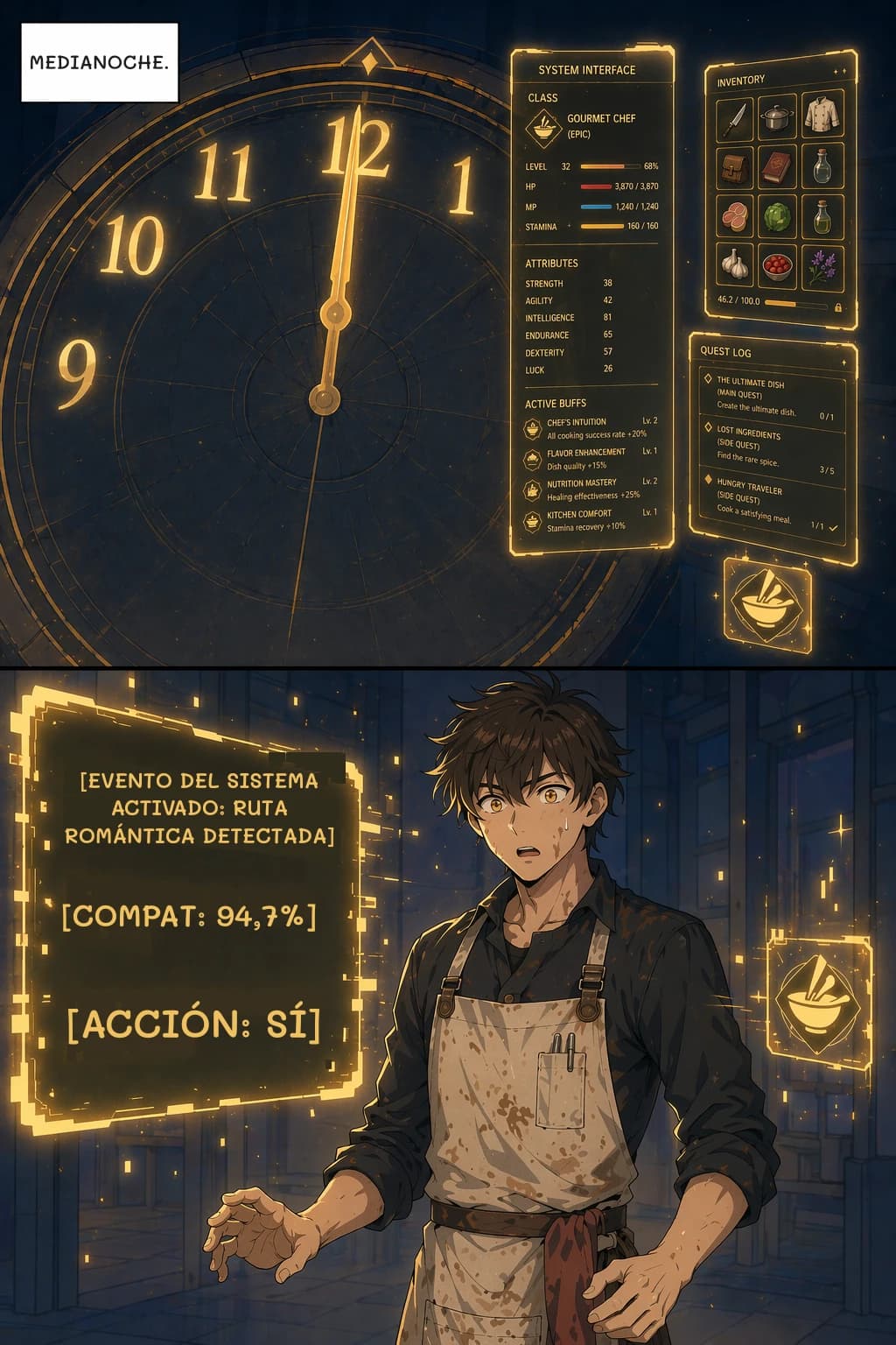 MEDIANOCHE.
[EVENTO DEL SISTEMA ACTIVADO: RUTA ROMÁNTICA DETECTADA]
[COMPAT: 94,7%]
[ACCIÓN: SÍ]