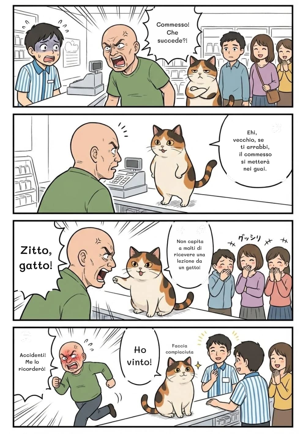 Commesso! Che succede?!
Ehi, vecchio, se ti arrabbi, il commesso si metterà nei guai.
Zitto, gatto!
Non capita a molti di ricevere una lezione da un gatto!
Accidenti! Me lo ricorderò!
Ho vinto!
Faccia compiaciuta