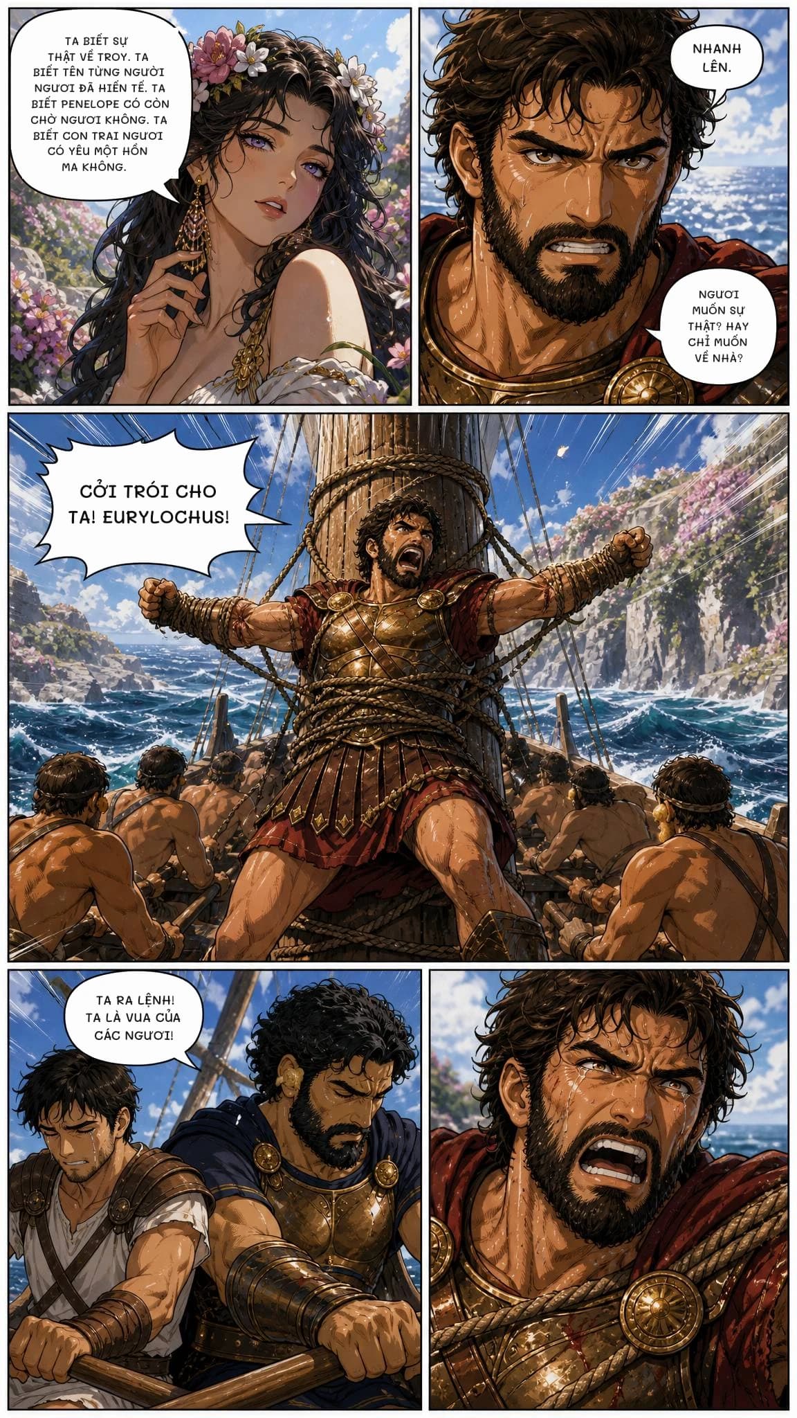 TA BIẾT SỰ THẬT VỀ TROY. TA BIẾT TÊN TỪNG NGƯỜI NGƯƠI ĐÃ HIẾN TẾ. TA BIẾT PENELOPE CÓ CÒN CHỜ NGƯƠI KHÔNG. TA BIẾT CON TRAI NGƯƠI CÓ YÊU MỘT HỒN MA KHÔNG.
NHANH LÊN.
NGƯƠI MUỐN SỰ THẬT? HAY CHỈ MUỐN VỀ NHÀ?
CỞI TRÓI CHO TA! EURYLOCHUS!
TA RA LỆNH! TA LÀ VUA CỦA CÁC NGƯƠI!