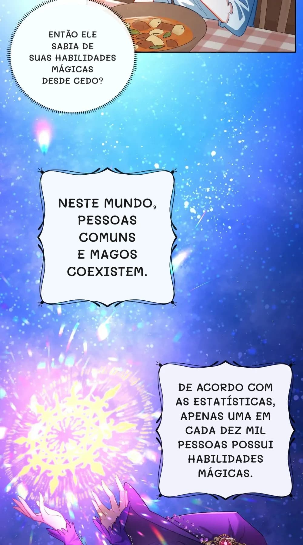 Então ele sabia de suas habilidades mágicas desde cedo?
Neste mundo, pessoas comuns e magos coexistem.
De acordo com as estatísticas, apenas uma em cada dez mil pessoas possui habilidades mágicas.