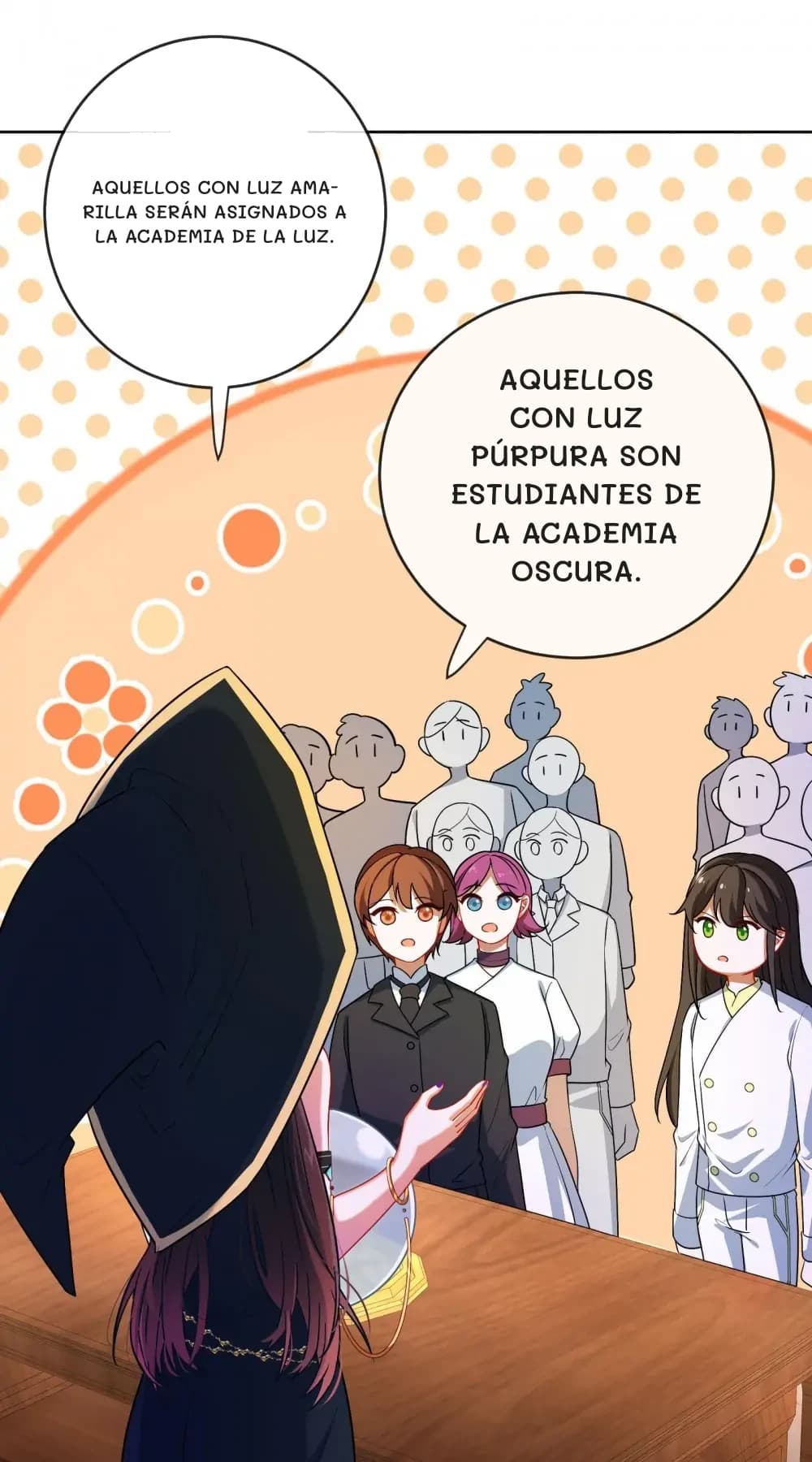 Aquellos con luz amarilla serán asignados a la Academia de la Luz.
Aquellos con luz púrpura son estudiantes de la Academia Oscura.