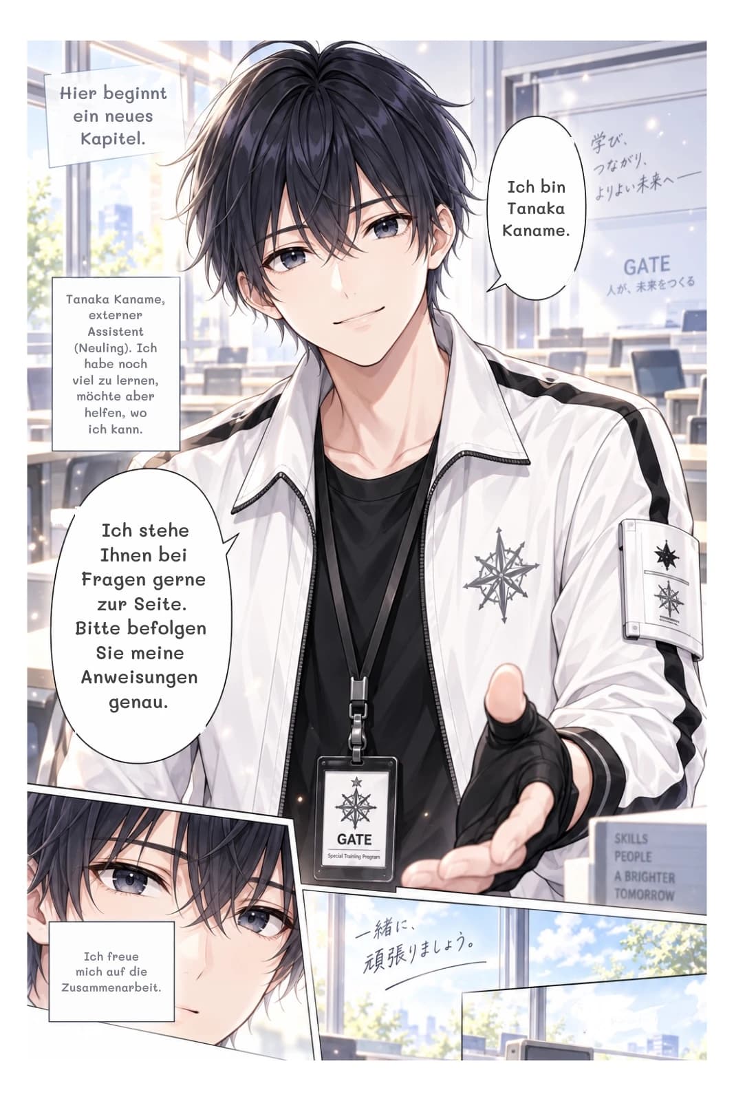 Hier beginnt ein neues Kapitel.
Ich bin Tanaka Kaname.
Tanaka Kaname, externer Assistent (Neuling). Ich habe noch viel zu lernen, möchte aber helfen, wo ich kann.
Ich stehe Ihnen bei Fragen gerne zur Seite. Bitte befolgen Sie meine Anweisungen genau.
Ich freue mich auf die Zusammenarbeit.