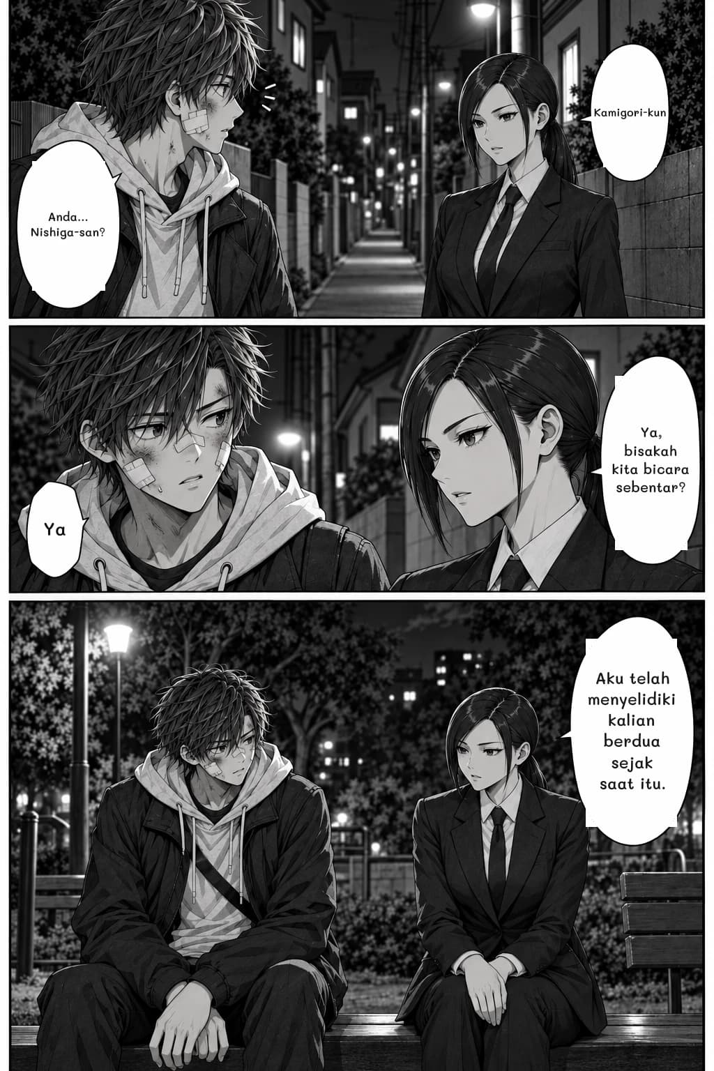 Kamigori-kun
Anda... Nishiga-san?
Ya, bisakah kita bicara sebentar?
Ya
Aku telah menyelidiki kalian berdua sejak saat itu.