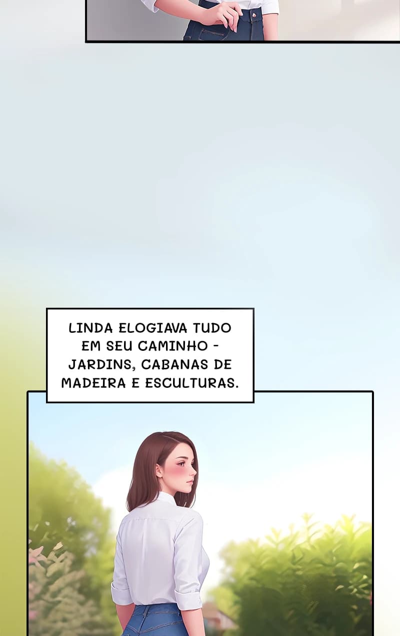 Linda elogiava tudo em seu caminho - jardins, cabanas de madeira e esculturas.