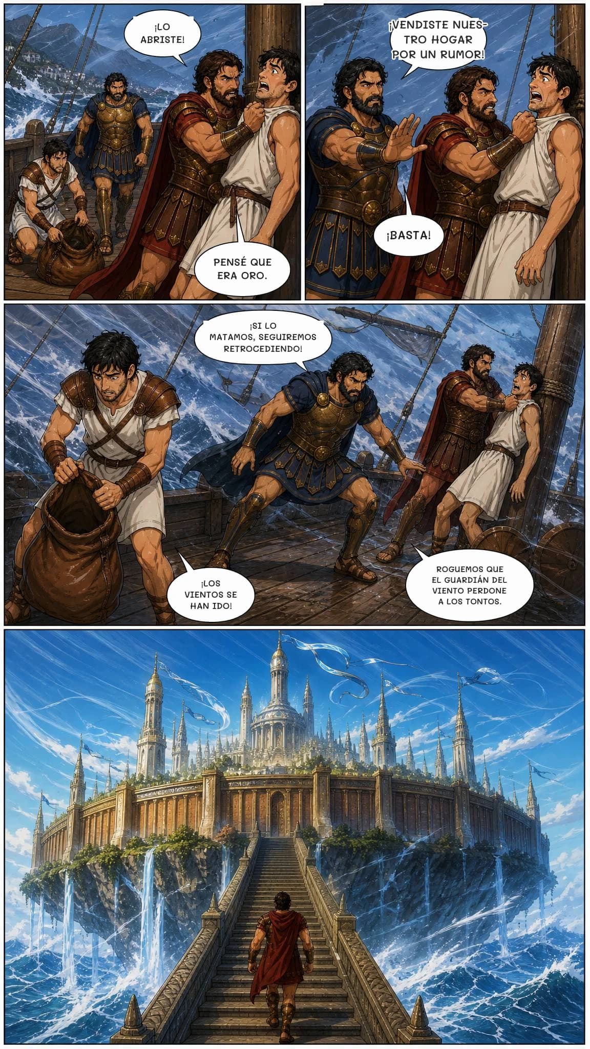 ¡LO ABRISTE!
PENSÉ QUE ERA ORO.
¡VENDISTE NUESTRO HOGAR POR UN RUMOR!
¡BASTA!
¡SI LO MATAMOS, SEGUIREMOS RETROCEDIENDO!
¡LOS VIENTOS SE HAN IDO!
ROGUEMOS QUE EL GUARDIÁN DEL VIENTO PERDONE A LOS TONTOS.