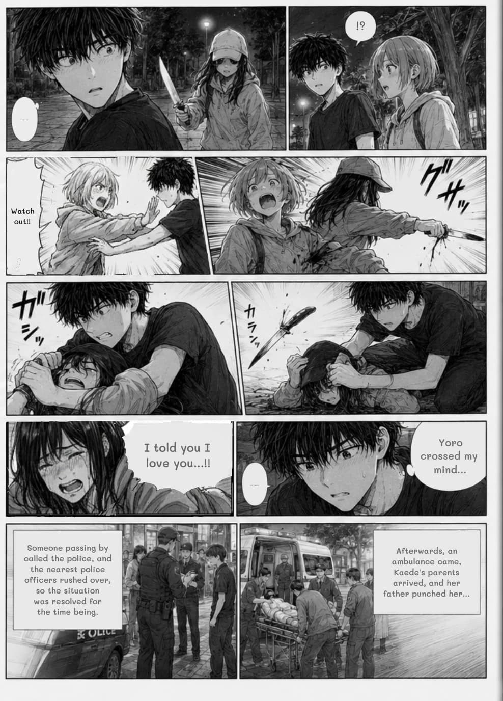 ​​!?
......
Watch out!!
I told you I love you...!!
Yoro crossed my mind...
......
Someone passing by called the police, and the nearest police officers rushed over, so the situation was resolved for the time being.
Afterwards, an ambulance came, Kaede's parents arrived, and her father punched her...