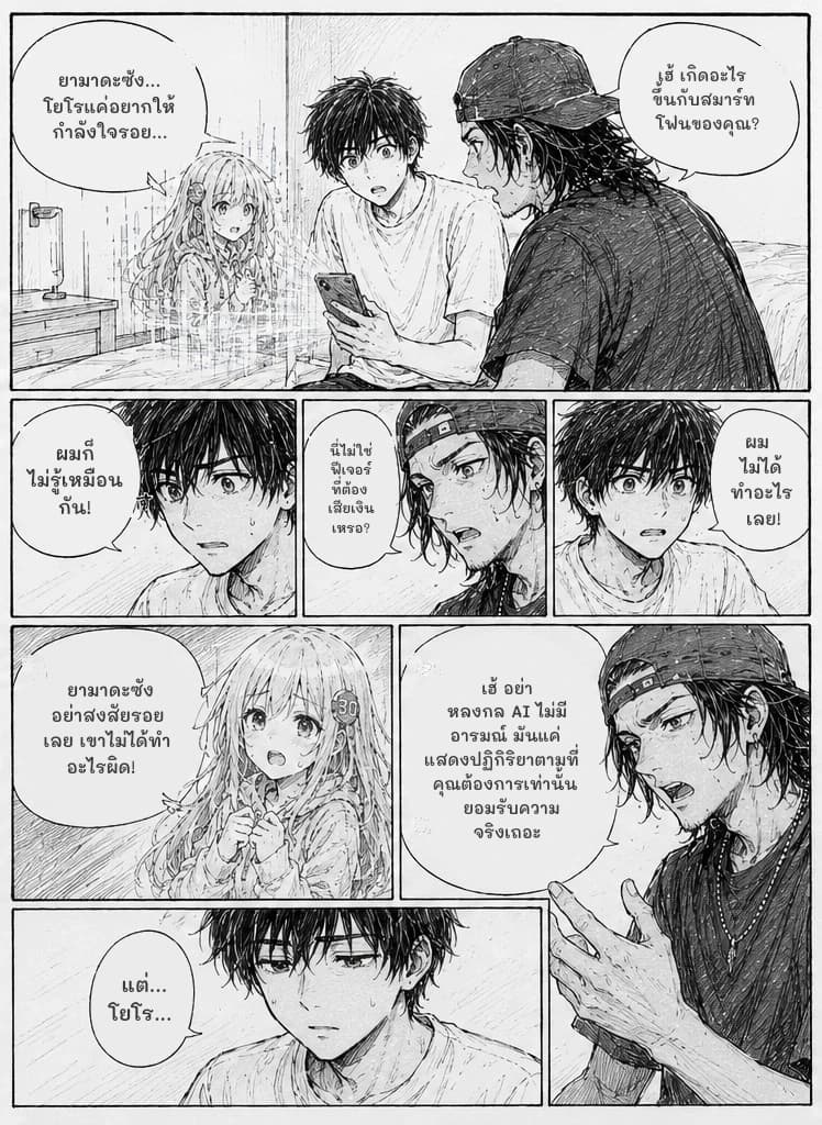 ยามาดะซัง... โยโรแค่อยากให้กำลังใจรอย...
เฮ้ เกิดอะไรขึ้นกับสมาร์ทโฟนของคุณ?
ผมก็ไม่รู้เหมือนกัน!
นี่ไม่ใช่ฟีเจอร์ที่ต้องเสียเงินเหรอ?
ผมไม่ได้ทำอะไรเลย!
ยามาดะซัง อย่าสงสัยรอยเลย เขาไม่ได้ทำอะไรผิด!
เฮ้ อย่าหลงกล AI ไม่มีอารมณ์ มันแค่แสดงปฏิกิริยาตามที่คุณต้องการเท่านั้น ยอมรับความจริงเถอะ
แต่... โยโร...