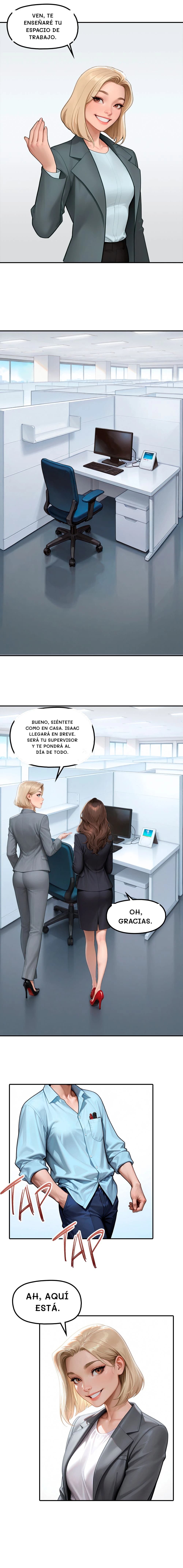Ven, te enseñaré tu espacio de trabajo.
Bueno, siéntete como en casa. Isaac llegará en breve. Será tu supervisor y te pondrá al día de todo.
Oh, gracias.
Ah, aquí está.