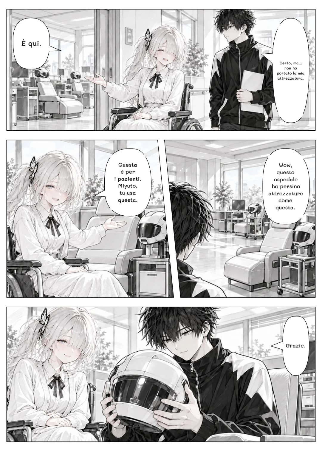 Certo, ma... non ho portato la mia attrezzatura.
È qui.
Wow, questo ospedale ha persino attrezzature come questa.
Questa è per i pazienti. Miyuto, tu usa questa.
Grazie.