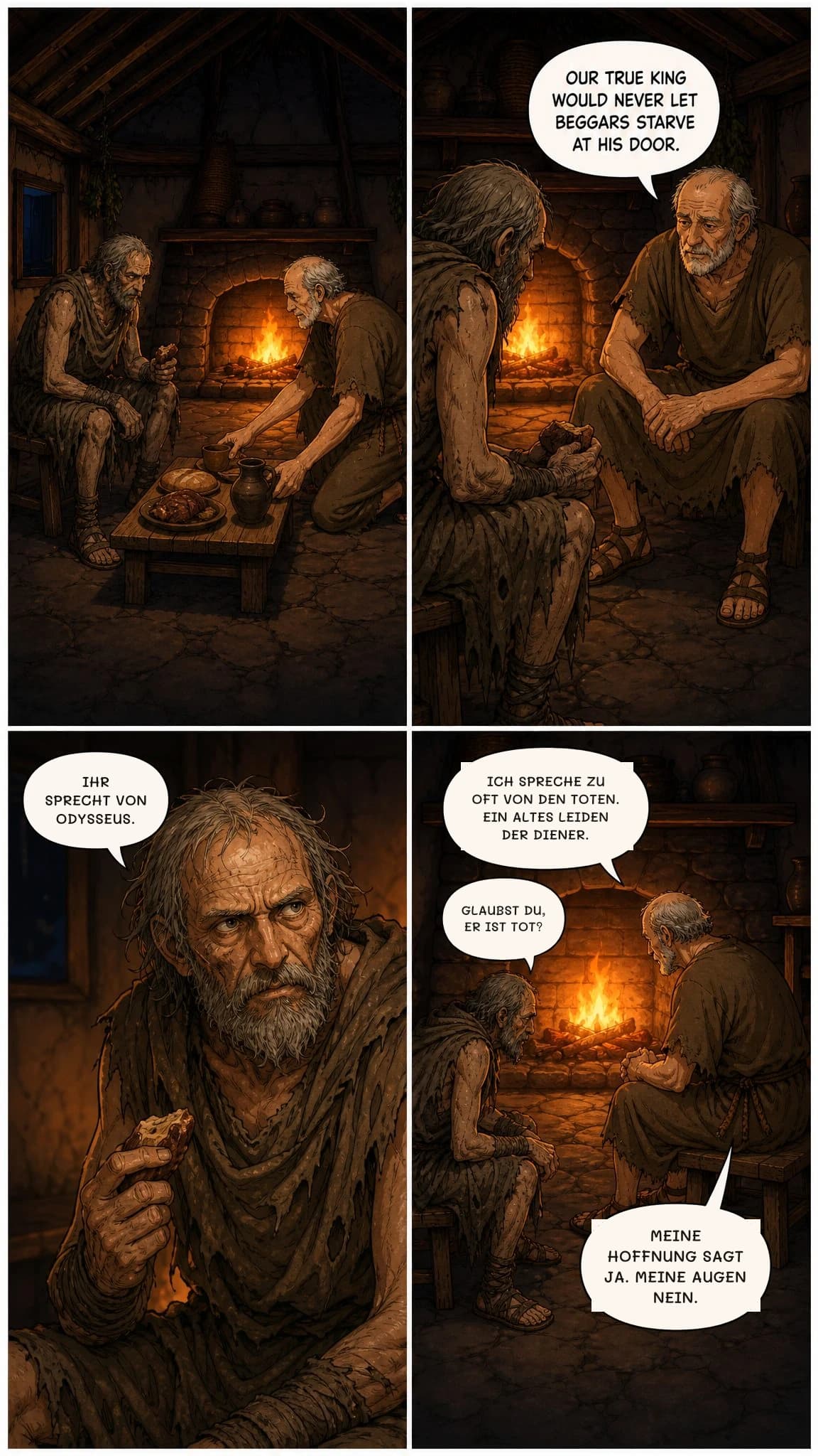 ICH SPRECHE ZU OFT VON DEN TOTEN. EIN ALTES LEIDEN DER DIENER.
IHR SPRECHT VON ODYSSEUS.
GLAUBST DU, ER IST TOT?
MEINE HOFFNUNG SAGT JA. MEINE AUGEN NEIN.